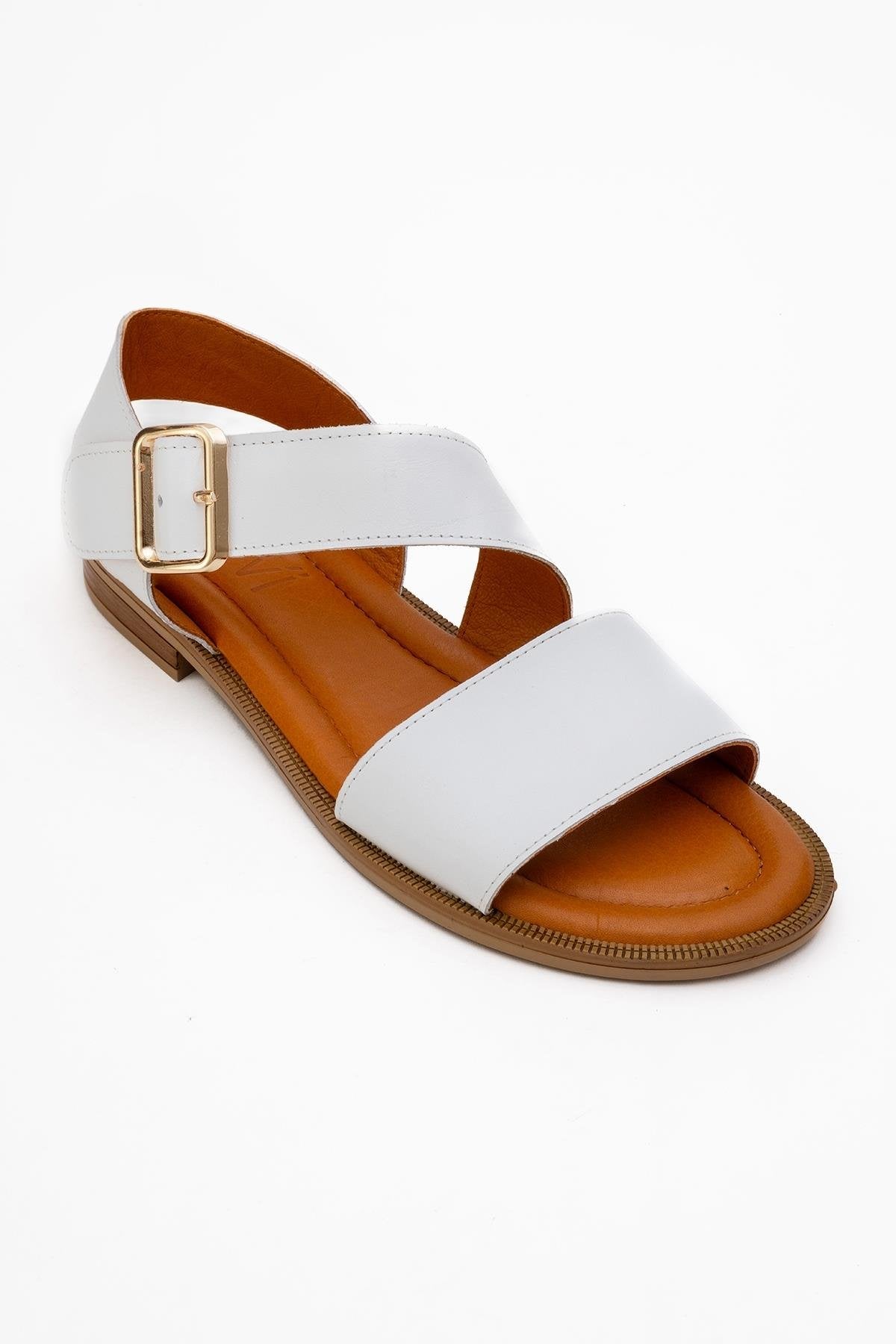 Majesty White Leather Sandal – detail view showing leather, white, gold, SimmiUnique