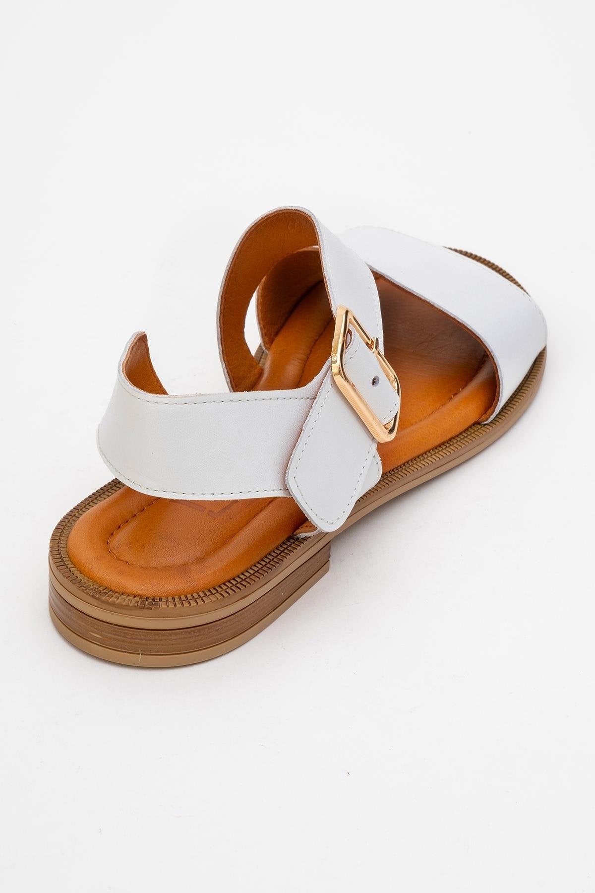 Majesty White Leather Sandal – back view showing leather, white, gold, SimmiUnique
