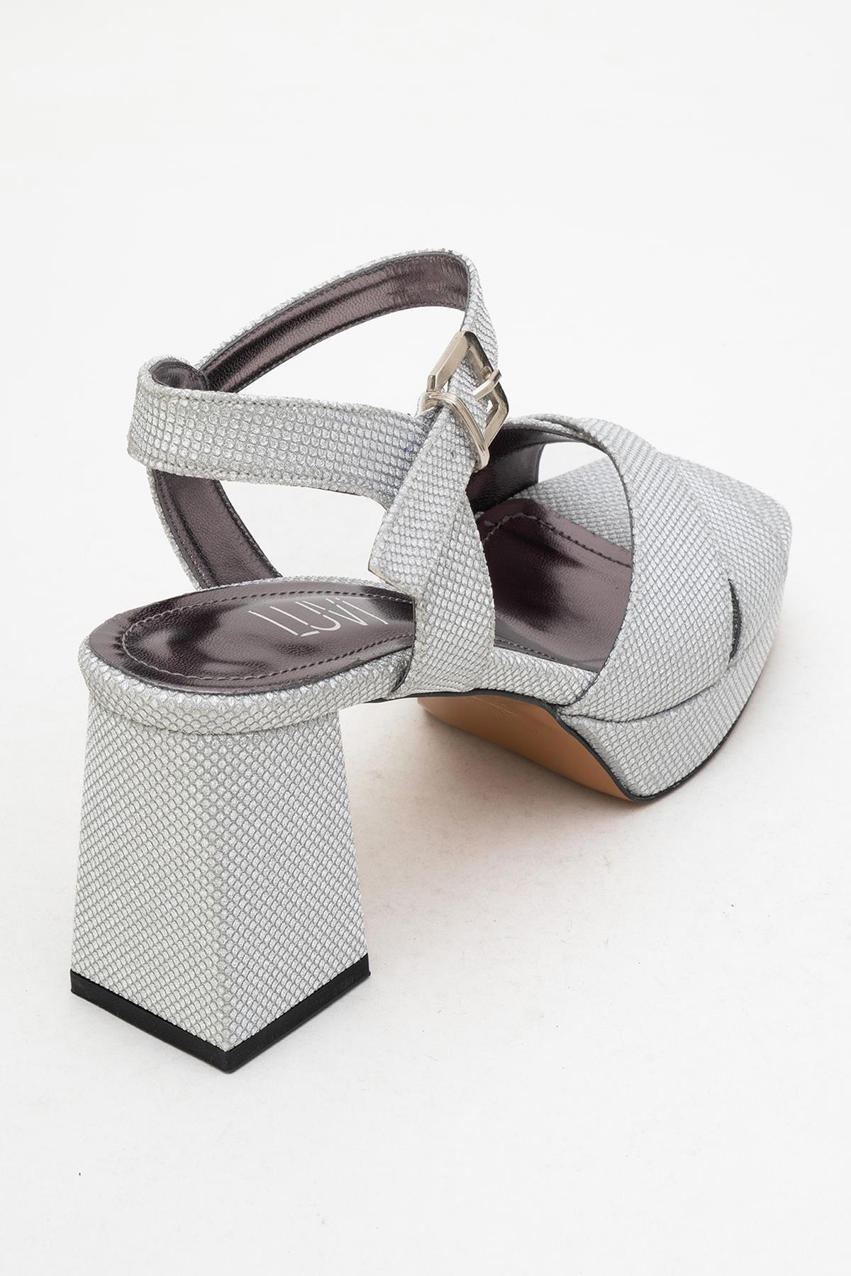 Lisbon - Silver Glitter Cross-Strap Platform Heel Shoe – back view showing leather, glitter, silver, SimmiUnique