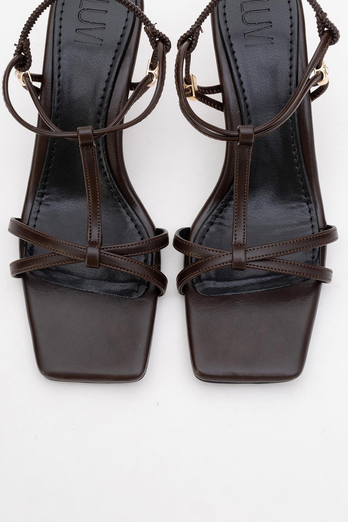 Gibson Brown Square‑Toe Stiletto Sandal – side view showing leather, red, SimmiUnique