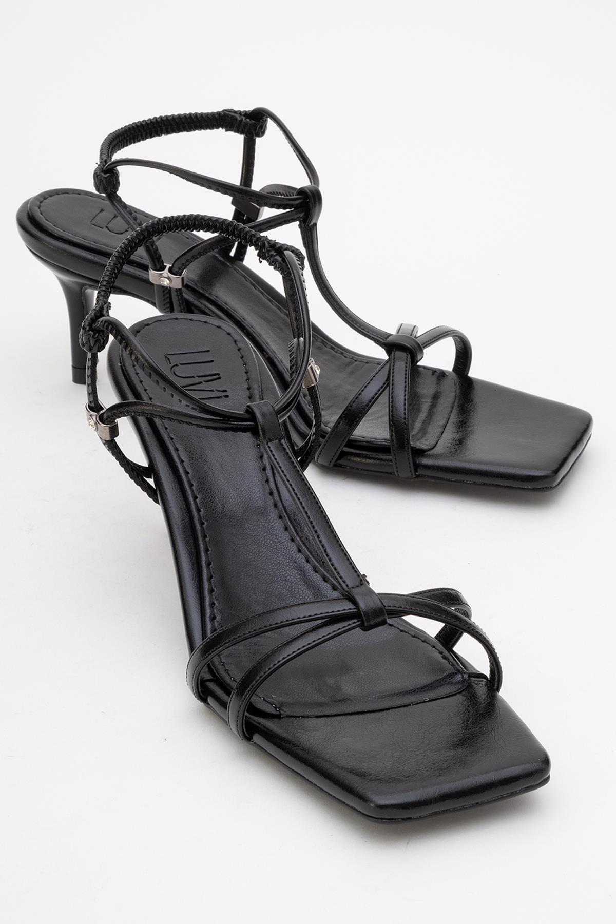 Gibson Black Square‑Toe Stiletto Sandal – front three-quarter view showing leather, black, red, SimmiUnique