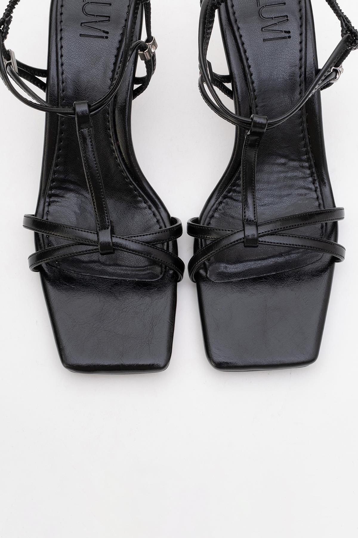 Gibson Black Square‑Toe Stiletto Sandal – side view showing leather, black, red, SimmiUnique