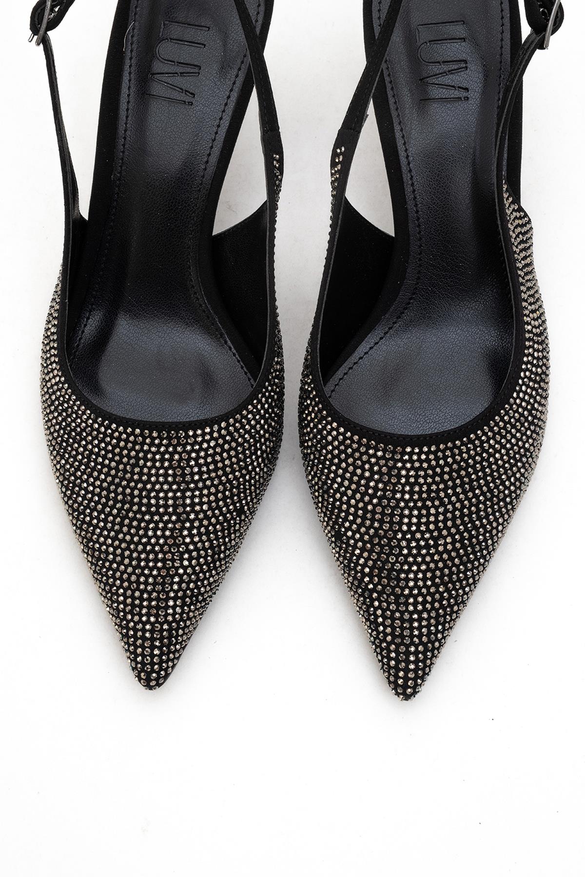 Novs - Black Embellished Stiletto Evening Shoe – side view showing leather, black, SimmiUnique