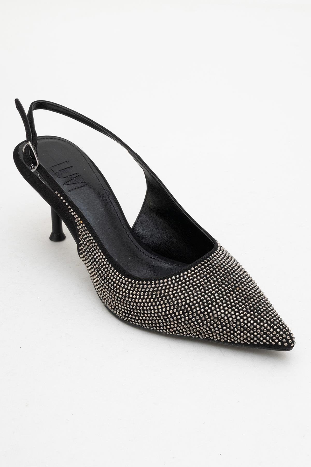 Novs - Black Embellished Stiletto Evening Shoe – detail view showing leather, black, SimmiUnique