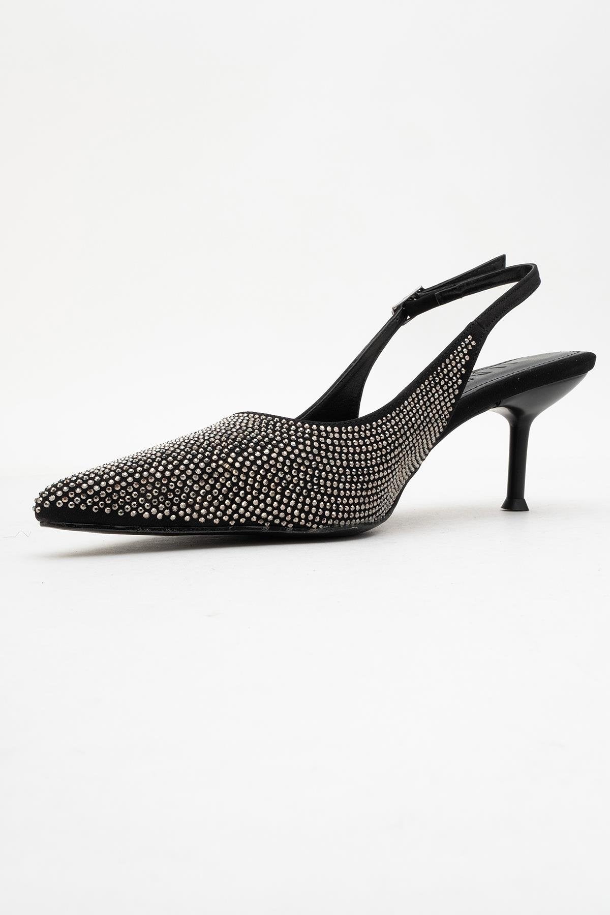 Novs - Black Embellished Stiletto Evening Shoe – heel view showing leather, black, SimmiUnique
