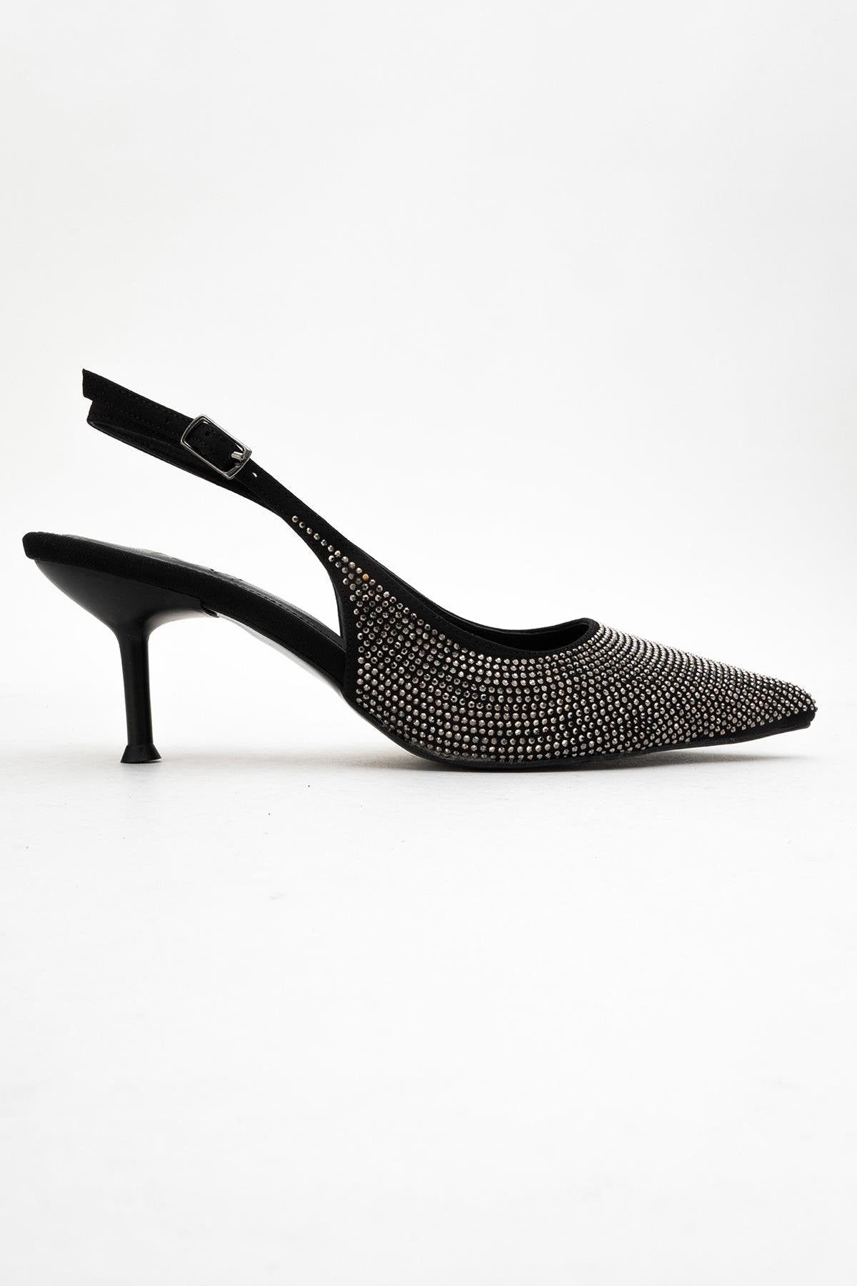 Novs - Black Embellished Stiletto Evening Shoe – top view showing leather, black, SimmiUnique