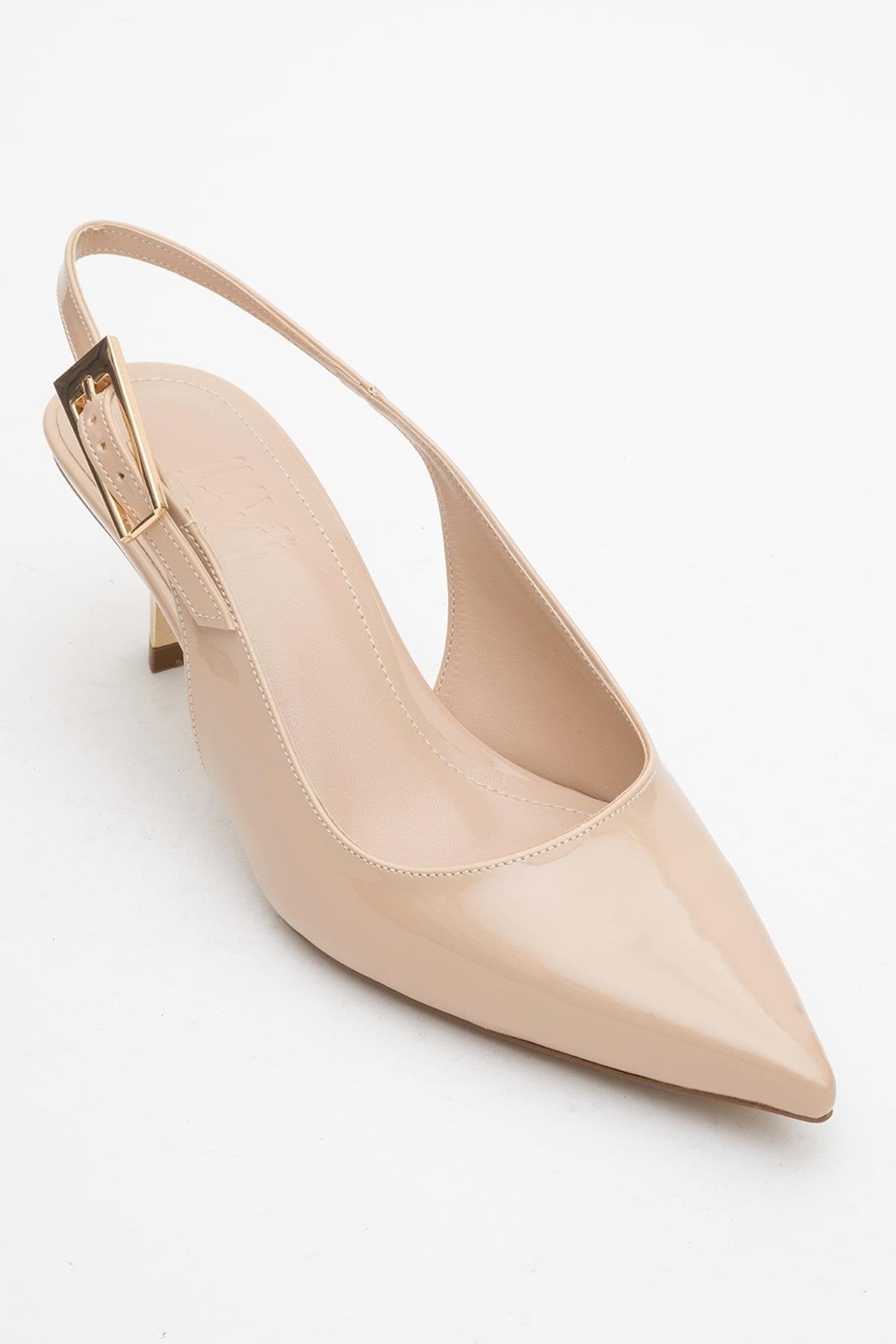 Arty - Beige Patent Slingback Heeled Shoe – detail view showing leather, SimmiUnique