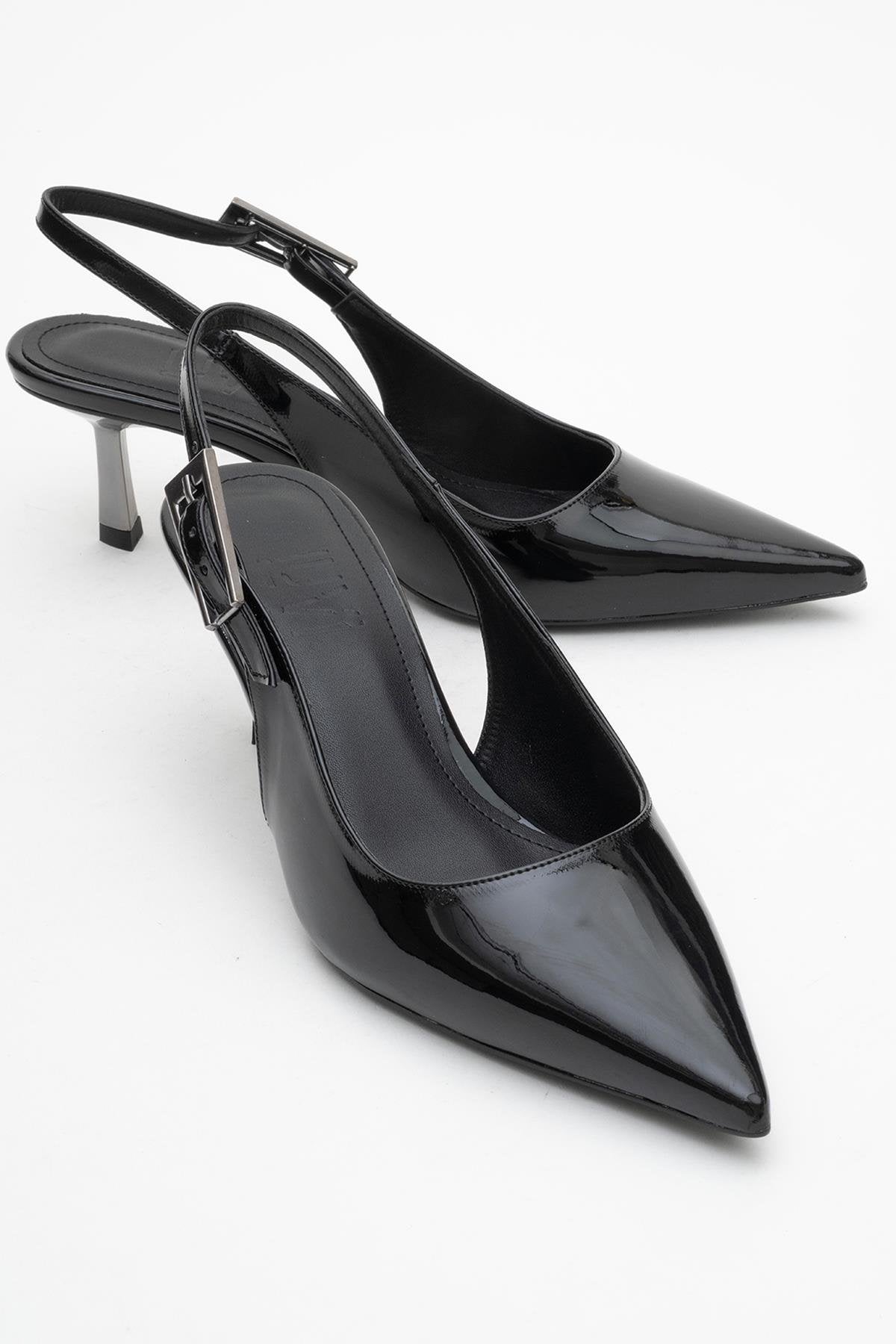 Arty - Black Patent Slingback Heeled Shoe – front three-quarter view showing leather, black, SimmiUnique