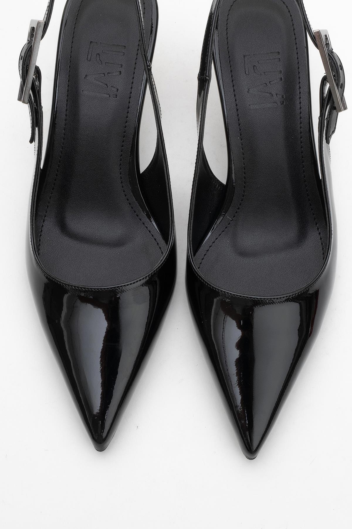 Arty - Black Patent Slingback Heeled Shoe – side view showing leather, black, SimmiUnique
