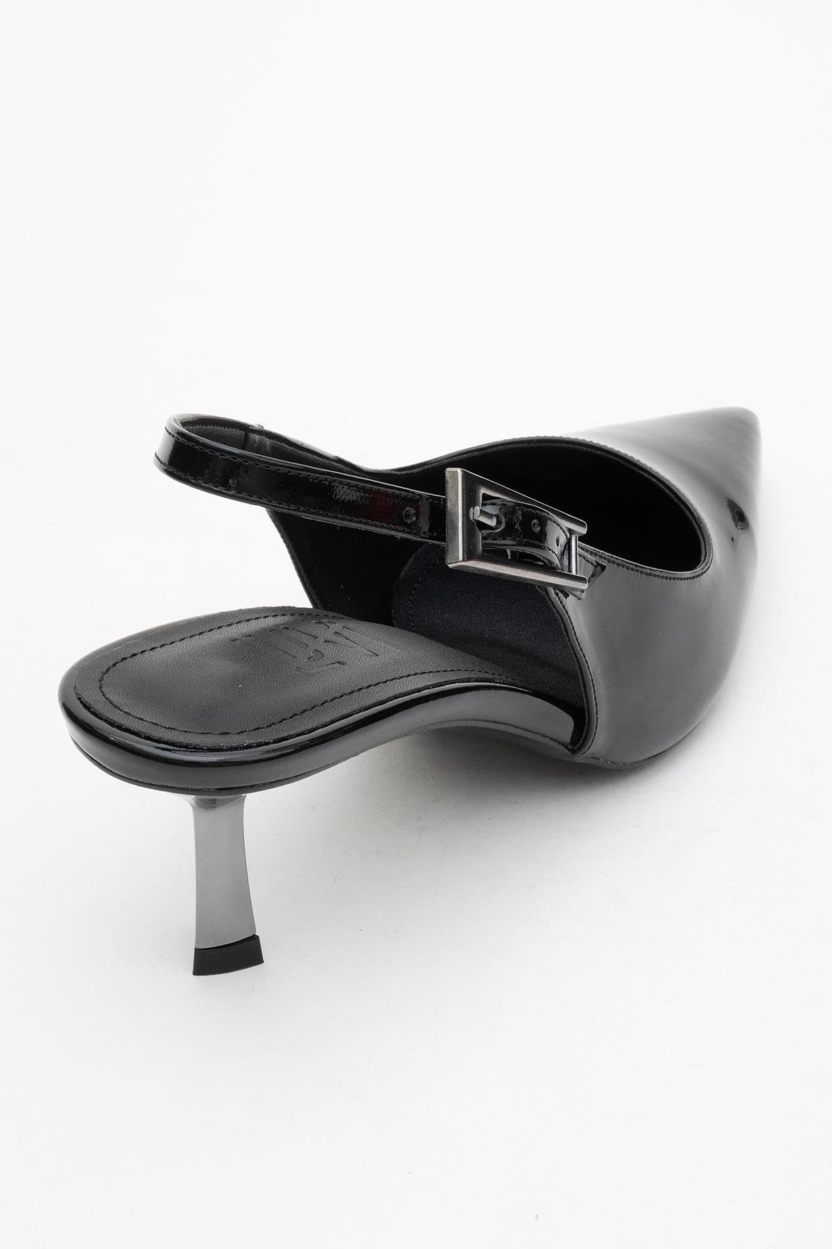 Arty - Black Patent Slingback Heeled Shoe – back view showing leather, black, SimmiUnique