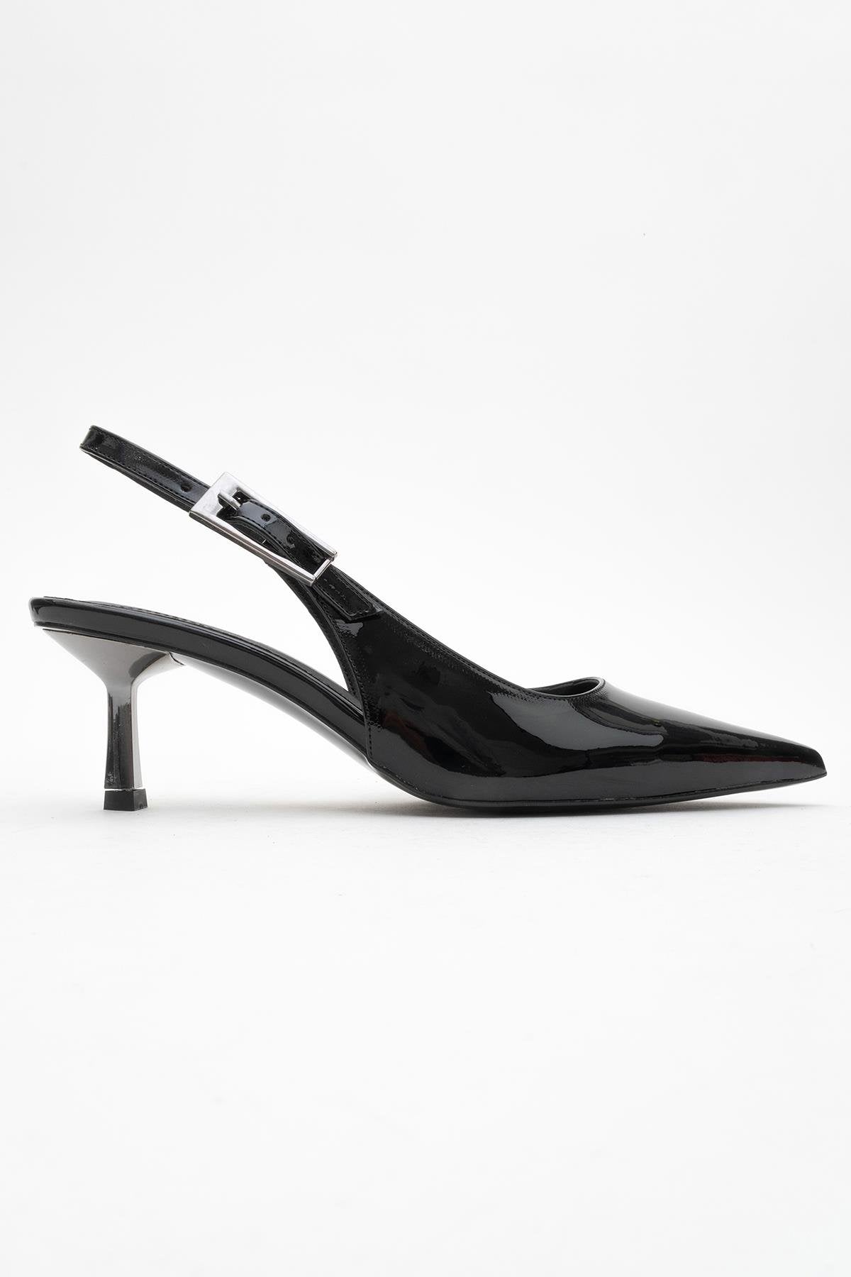 Arty - Black Patent Slingback Heeled Shoe – top view showing leather, black, SimmiUnique