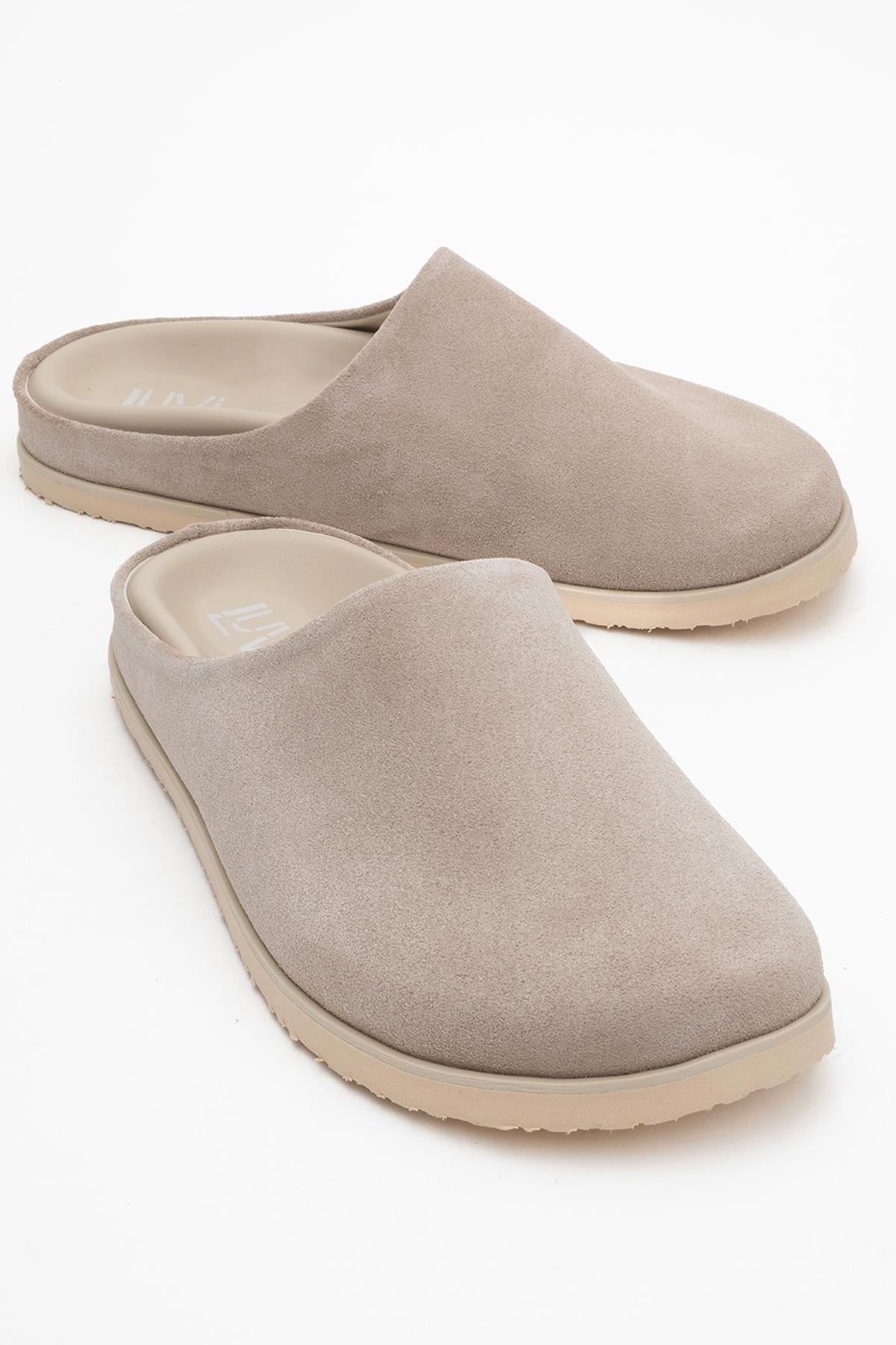 Space - Beige Suede Leather Slide Sandal – front three-quarter view showing leather, suede, SimmiUnique