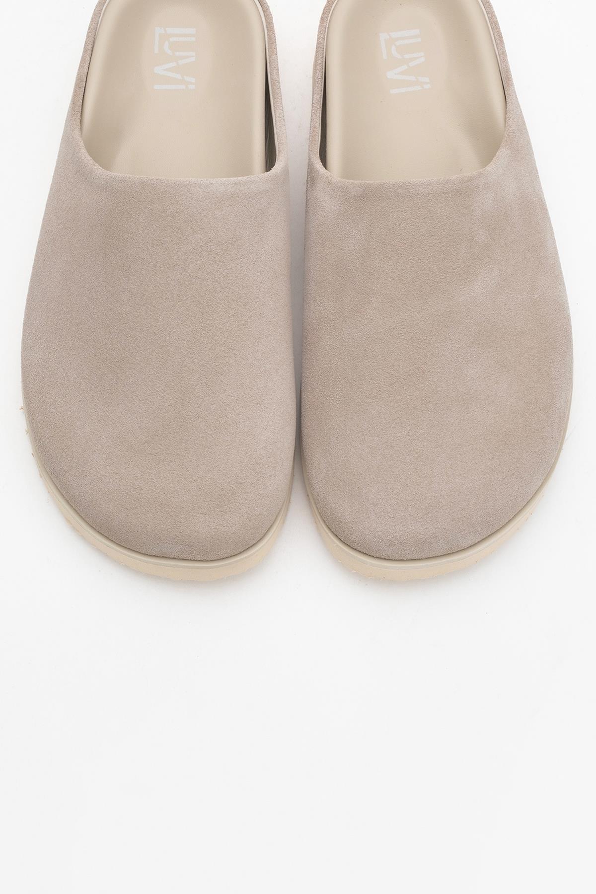 Space - Beige Suede Leather Slide Sandal – side view showing leather, suede, SimmiUnique
