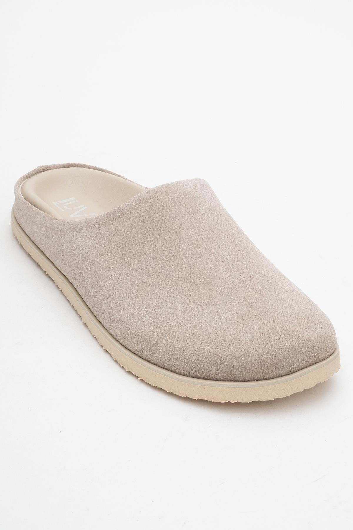 Space - Beige Suede Leather Slide Sandal – detail view showing leather, suede, SimmiUnique