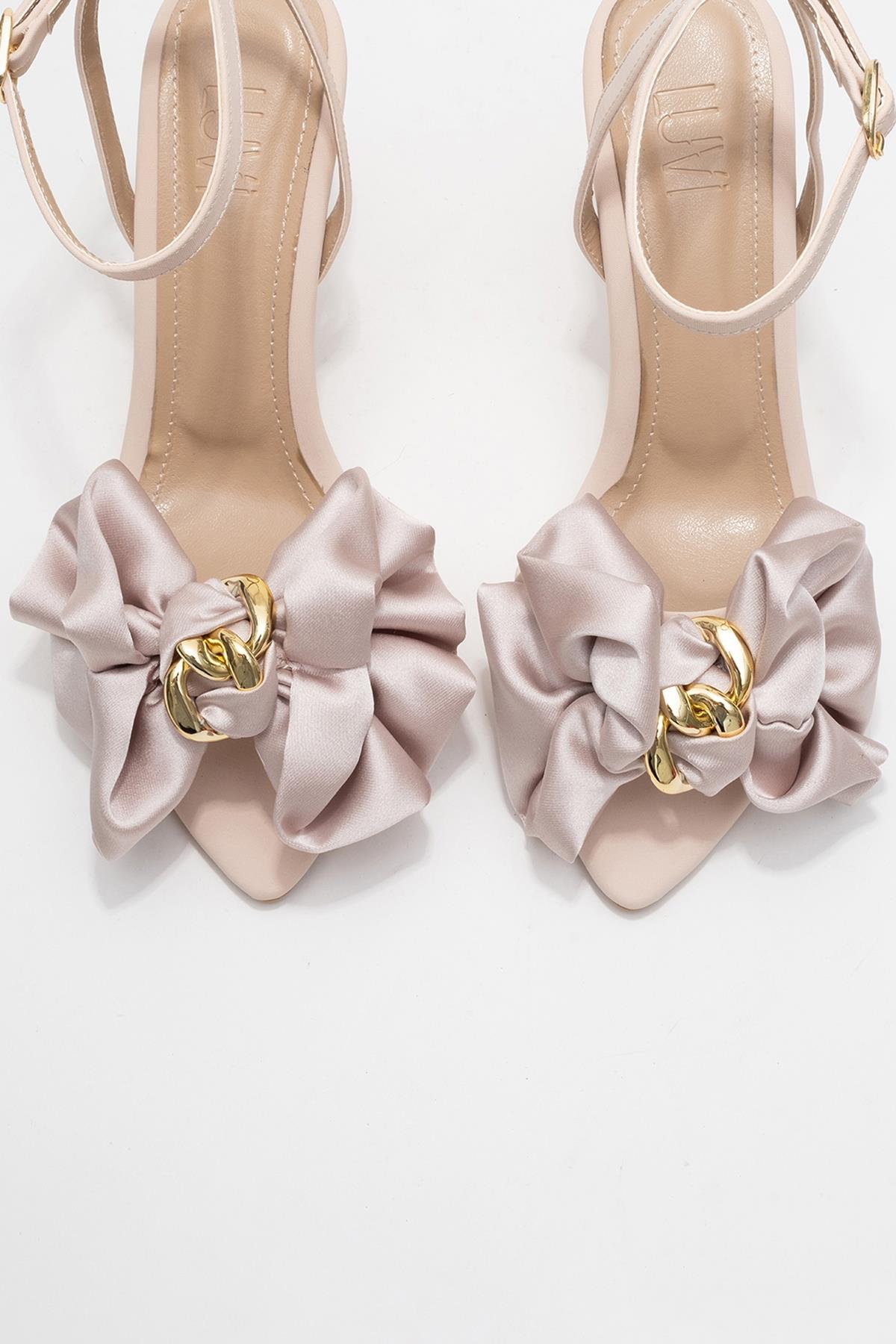 Lucy - Beige Satin Bow Stiletto Pump – side view showing bow, satin, leather, SimmiUnique