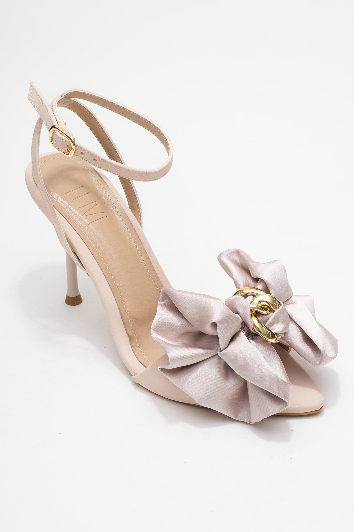 Lucy - Beige Satin Bow Stiletto Pump – detail view showing bow, satin, leather, SimmiUnique