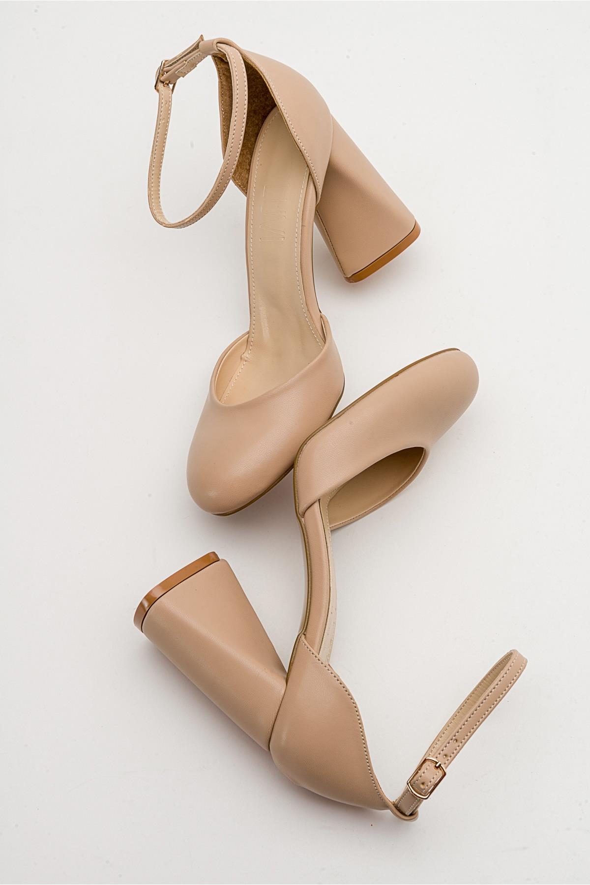 Oslo - Beige Heeled Shoe – back view showing leather, SimmiUnique