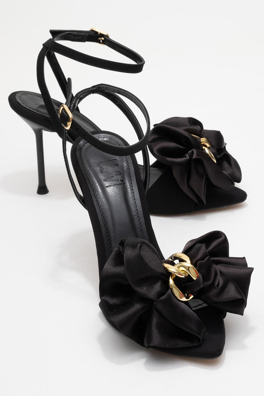 Lucy - Black Satin Bow Open-Toe Stiletto