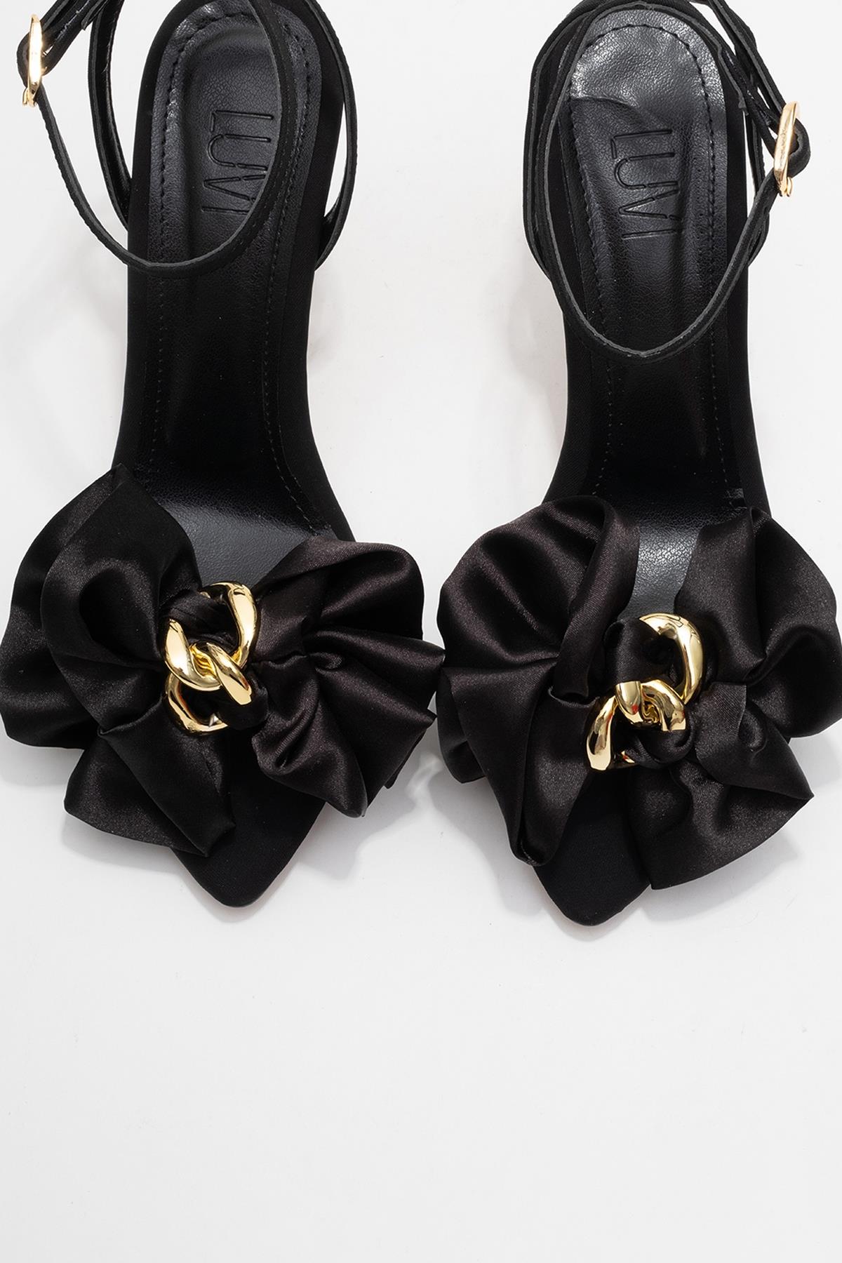 Lucy - Black Satin Bow Open-Toe Stiletto – side view showing bow, satin, leather, SimmiUnique