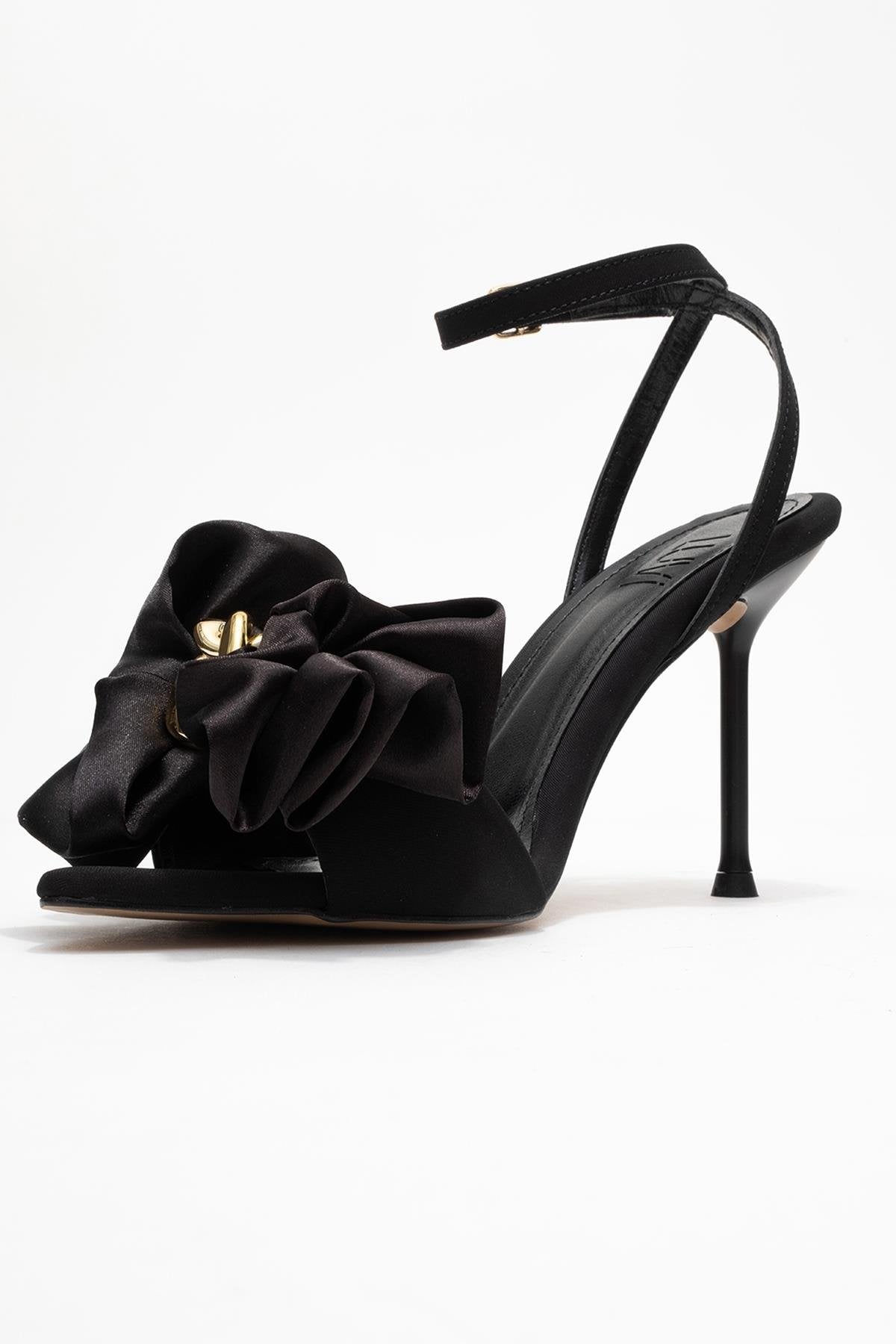 Lucy - Black Satin Bow Open-Toe Stiletto – heel view showing bow, satin, leather, SimmiUnique