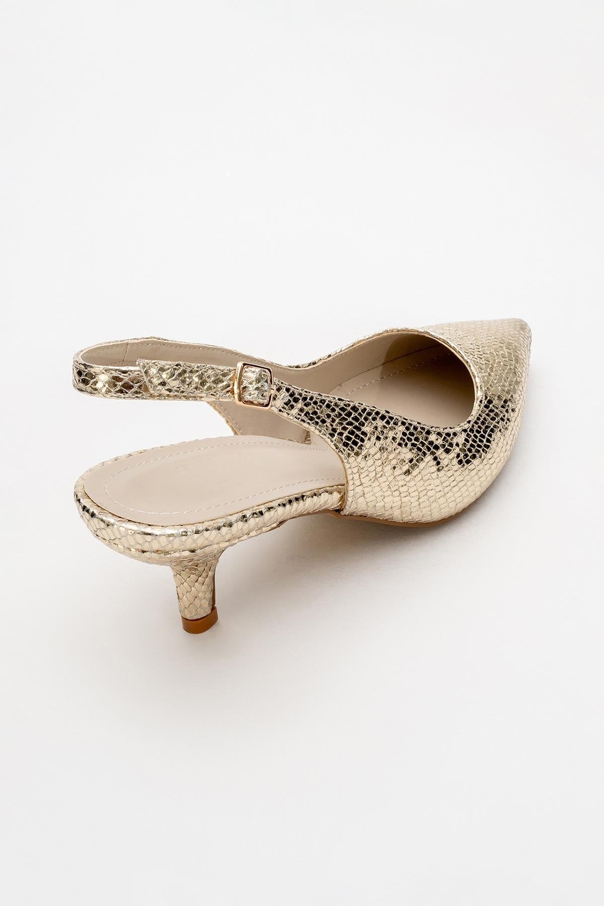 Value - Gold Patterned Heeled Shoe – detail view showing leather, gold, SimmiUnique