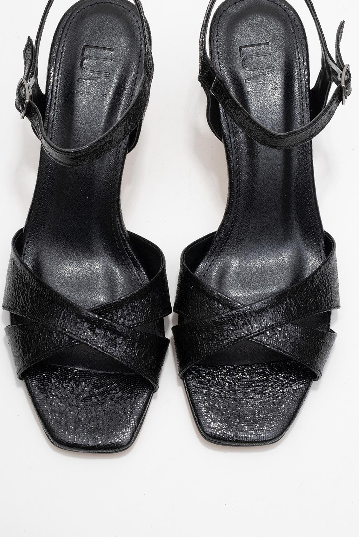 Melin - Black Patterned Cross-Band High Heel – side view showing leather, black, SimmiUnique