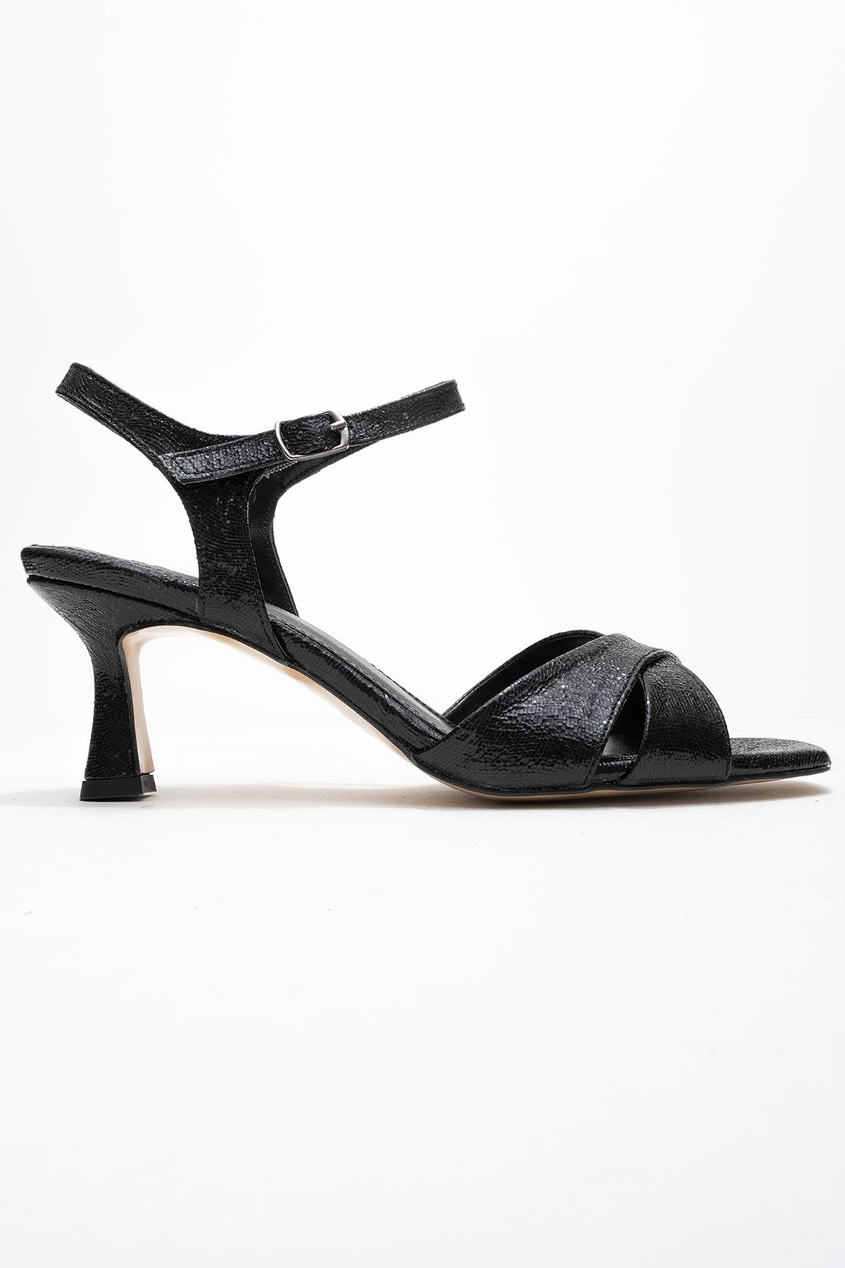 Melin - Black Patterned Cross-Band High Heel – top view showing leather, black, SimmiUnique