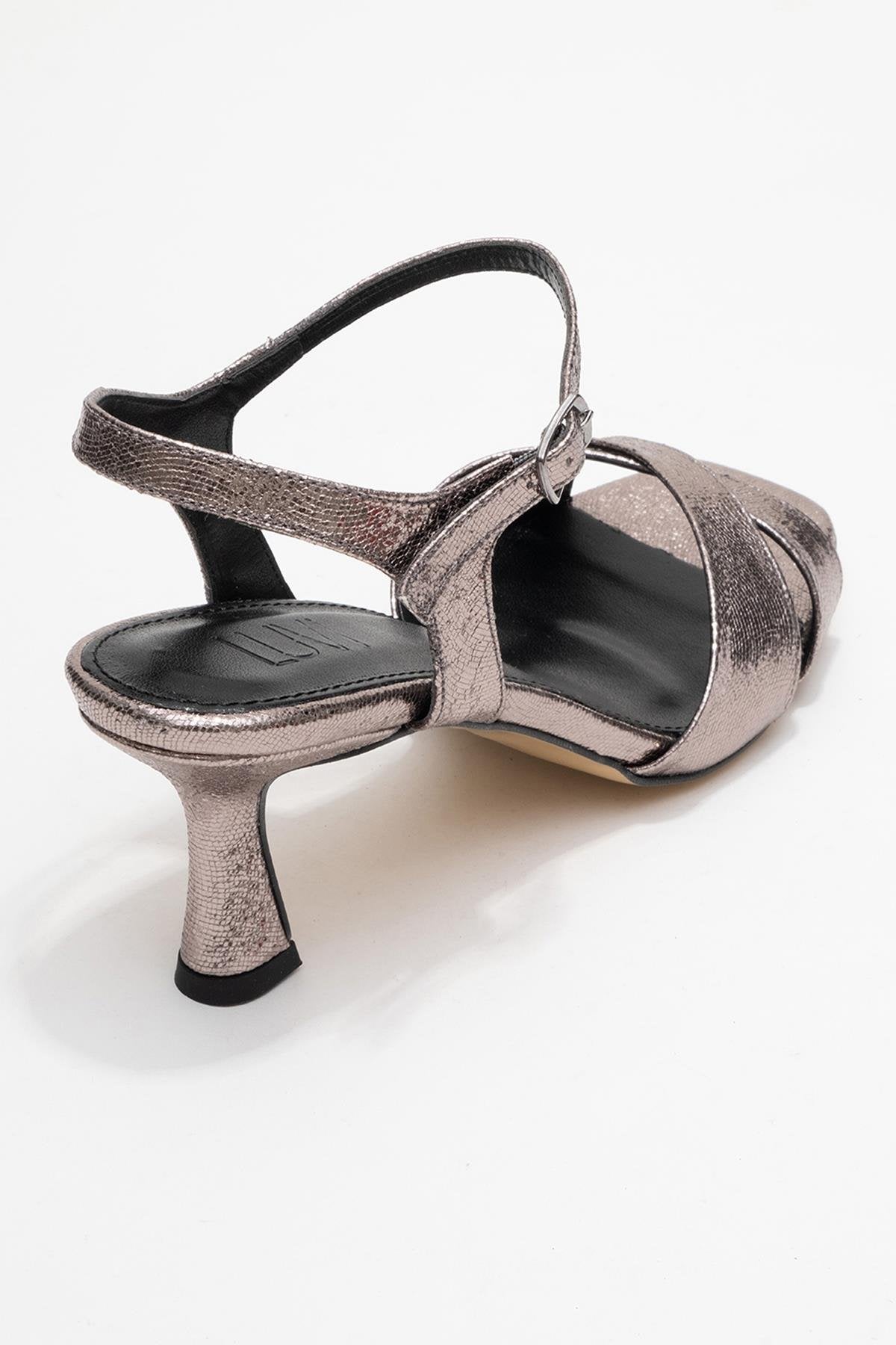 Melin - Platinum Cross-Strap Stiletto Heel – back view showing leather, SimmiUnique