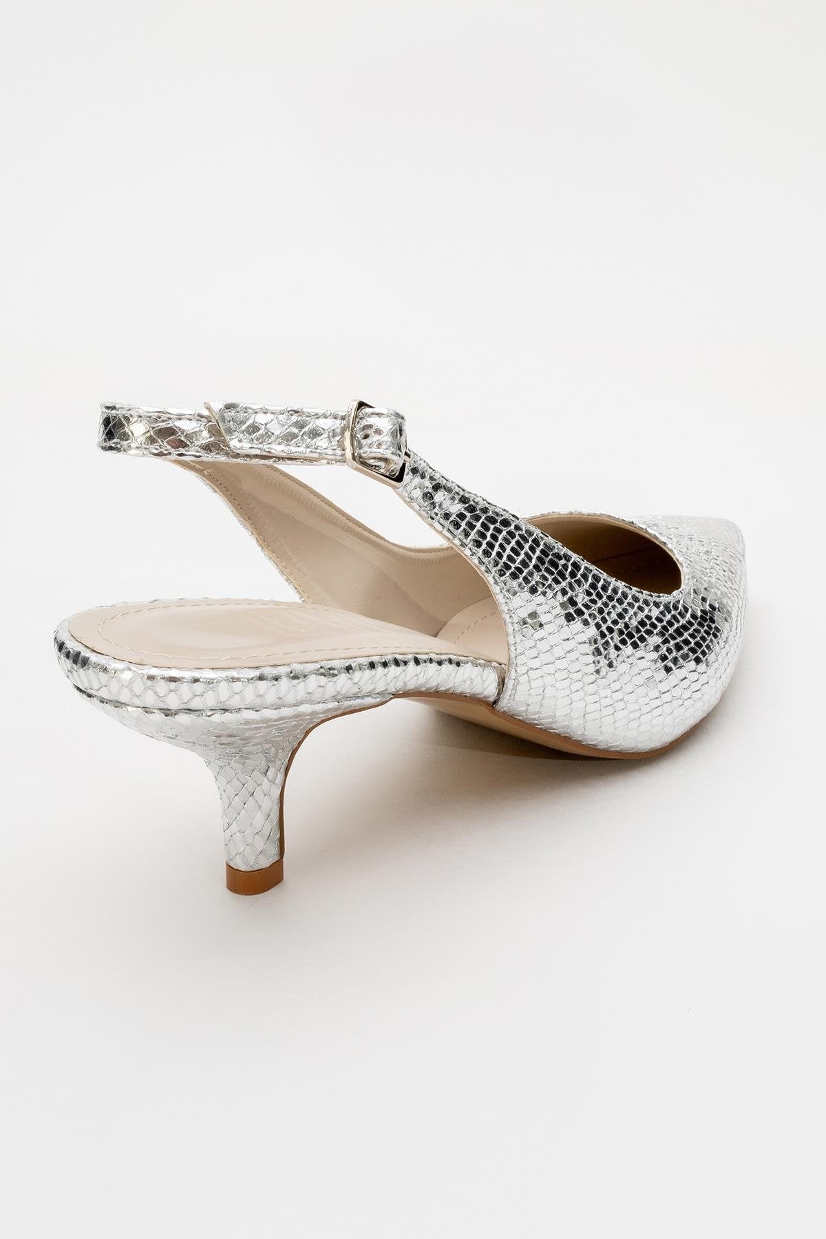 Value - Silver Patterned Heeled Shoe – detail view showing leather, metallic, silver, SimmiUnique