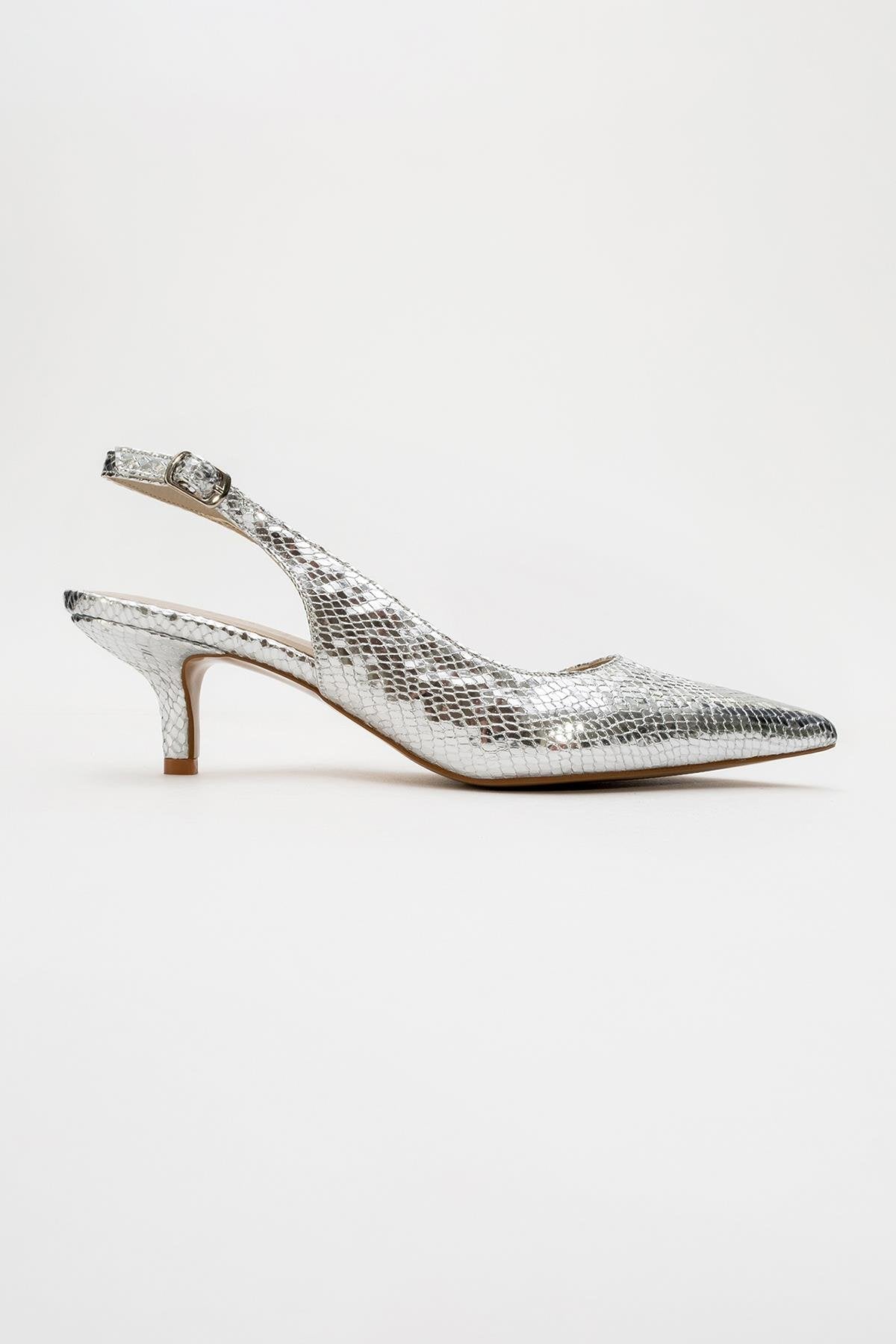 Value - Silver Patterned Heeled Shoe – heel view showing leather, metallic, silver, SimmiUnique