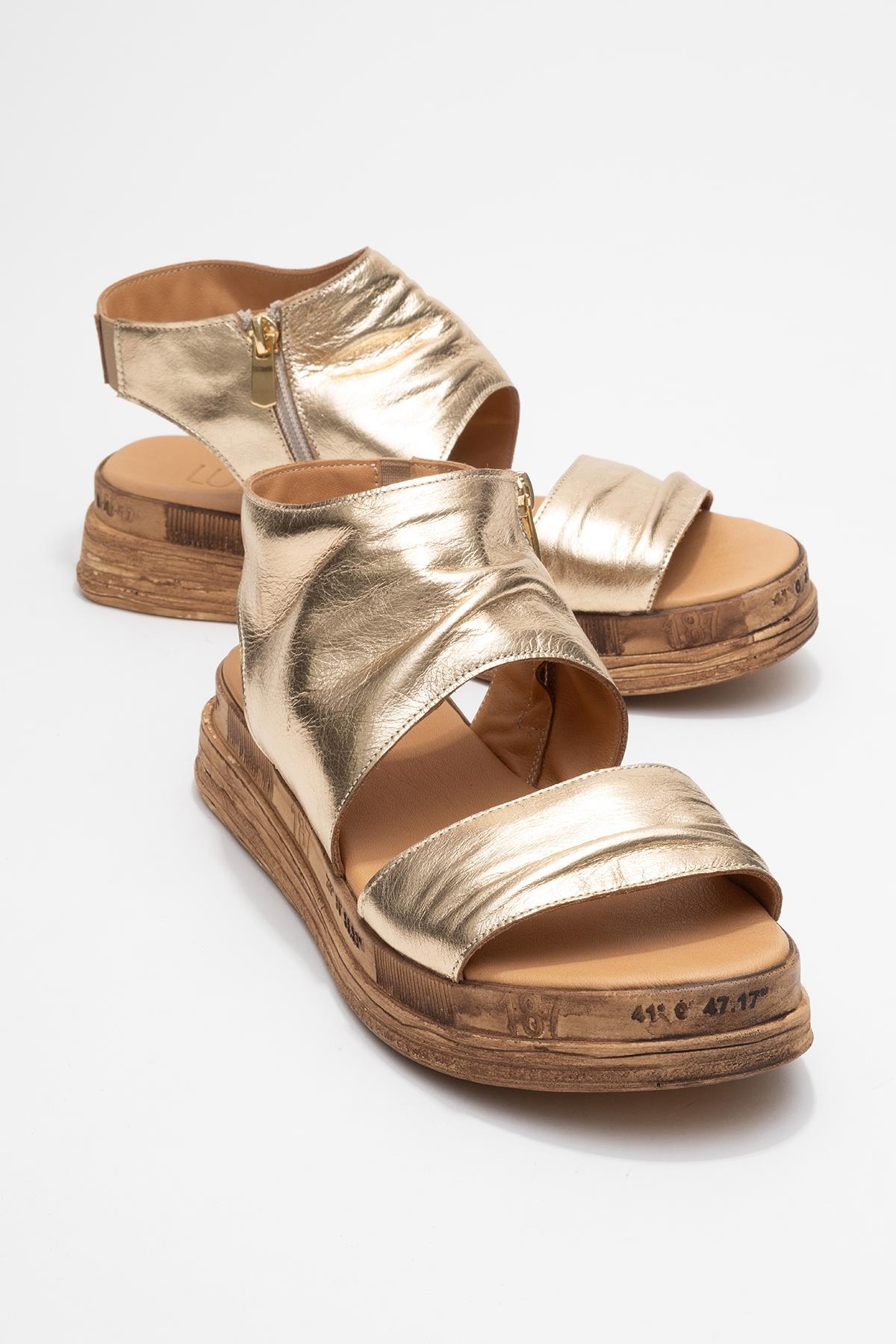 Lunas Gold Leather Side‑Zip Flat Heel Sandal – front three-quarter view showing leather, gold, red, SimmiUnique