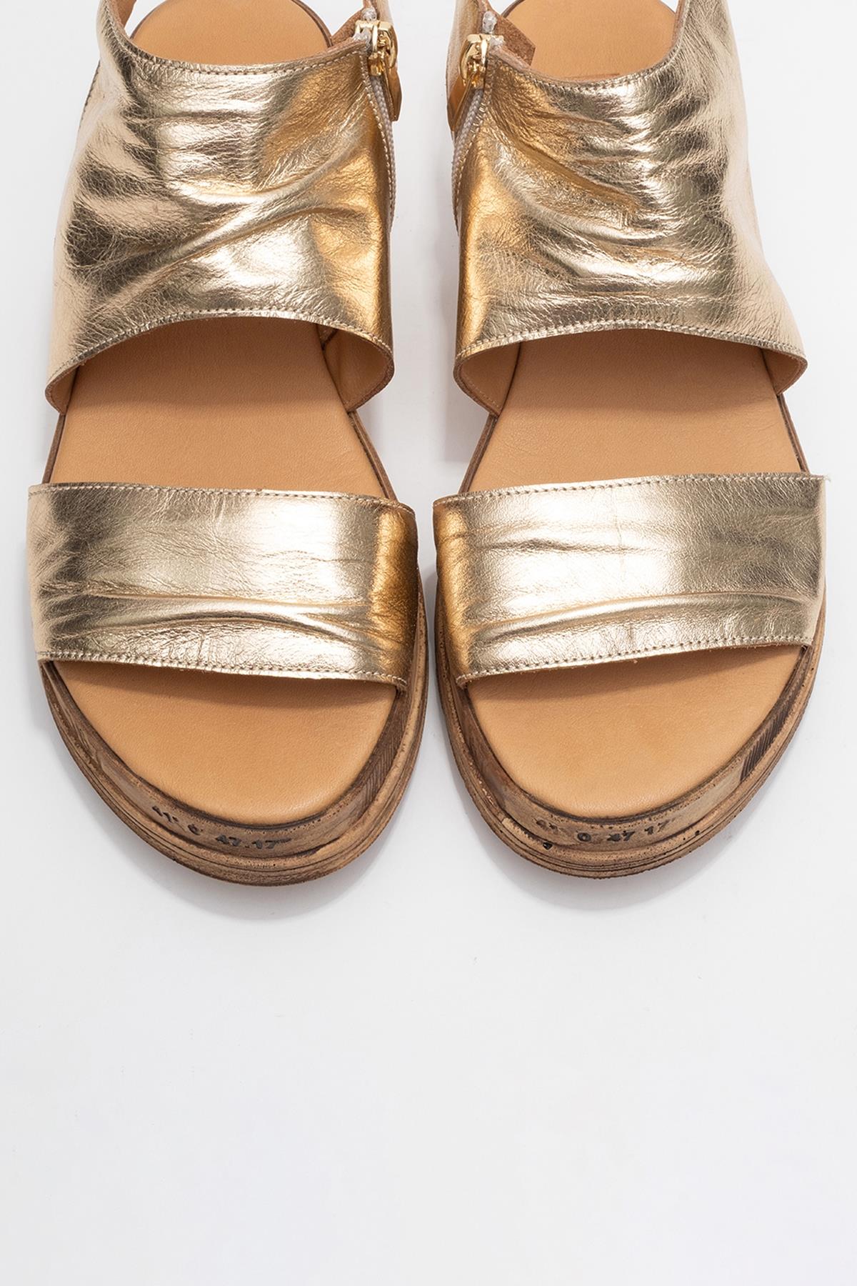 Lunas Gold Leather Side‑Zip Flat Heel Sandal – side view showing leather, gold, red, SimmiUnique