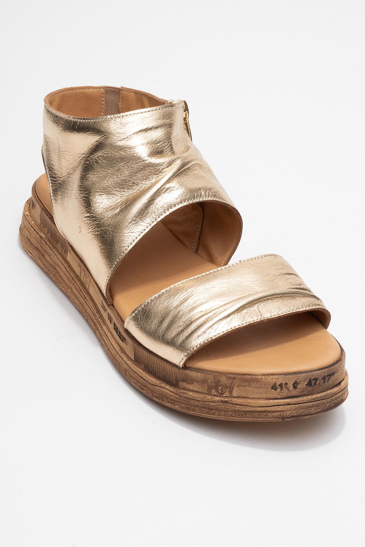 Lunas Gold Leather Side‑Zip Flat Heel Sandal – detail view showing leather, gold, red, SimmiUnique