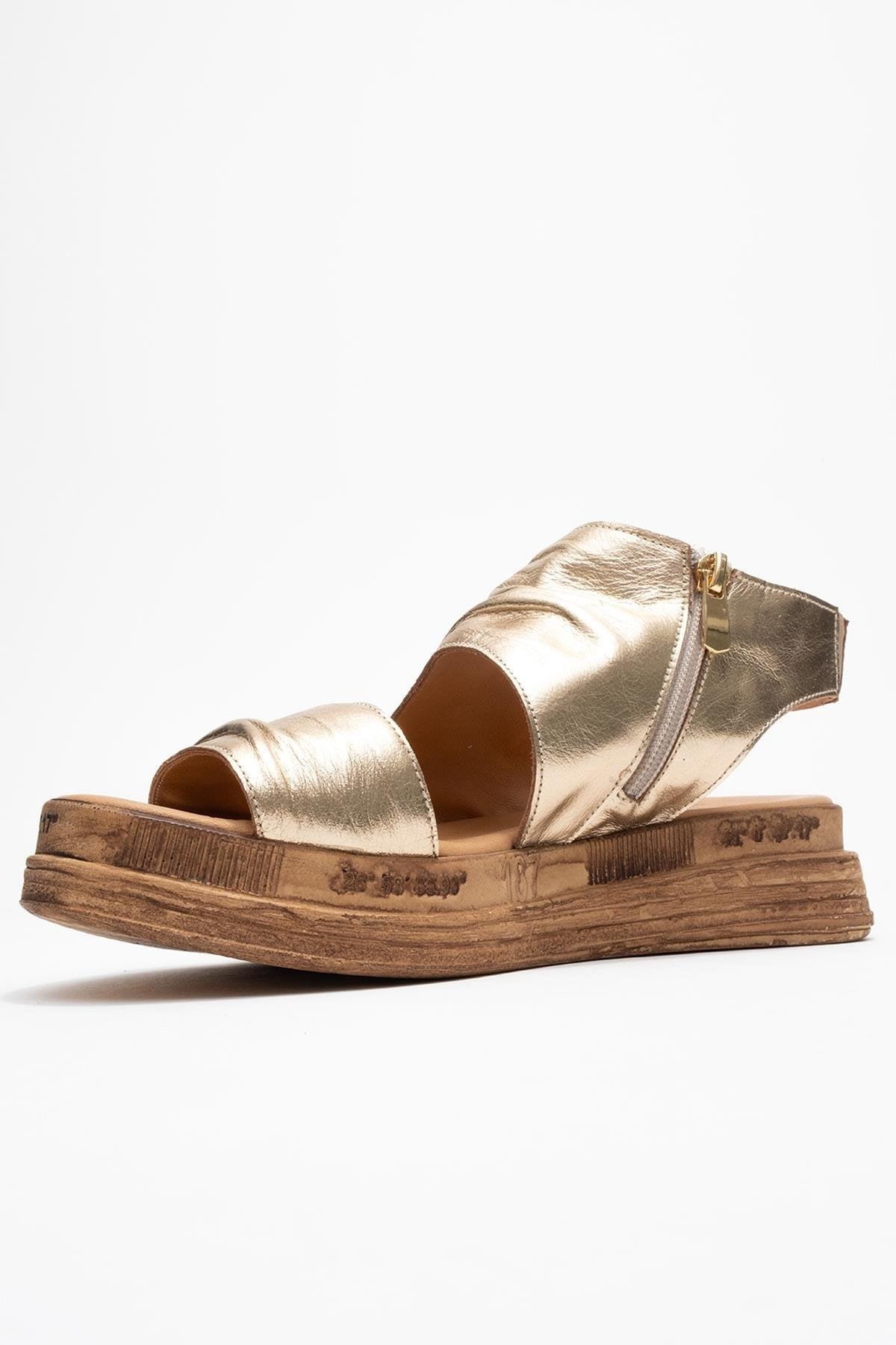 Lunas Gold Leather Side‑Zip Flat Heel Sandal – heel view showing leather, gold, red, SimmiUnique