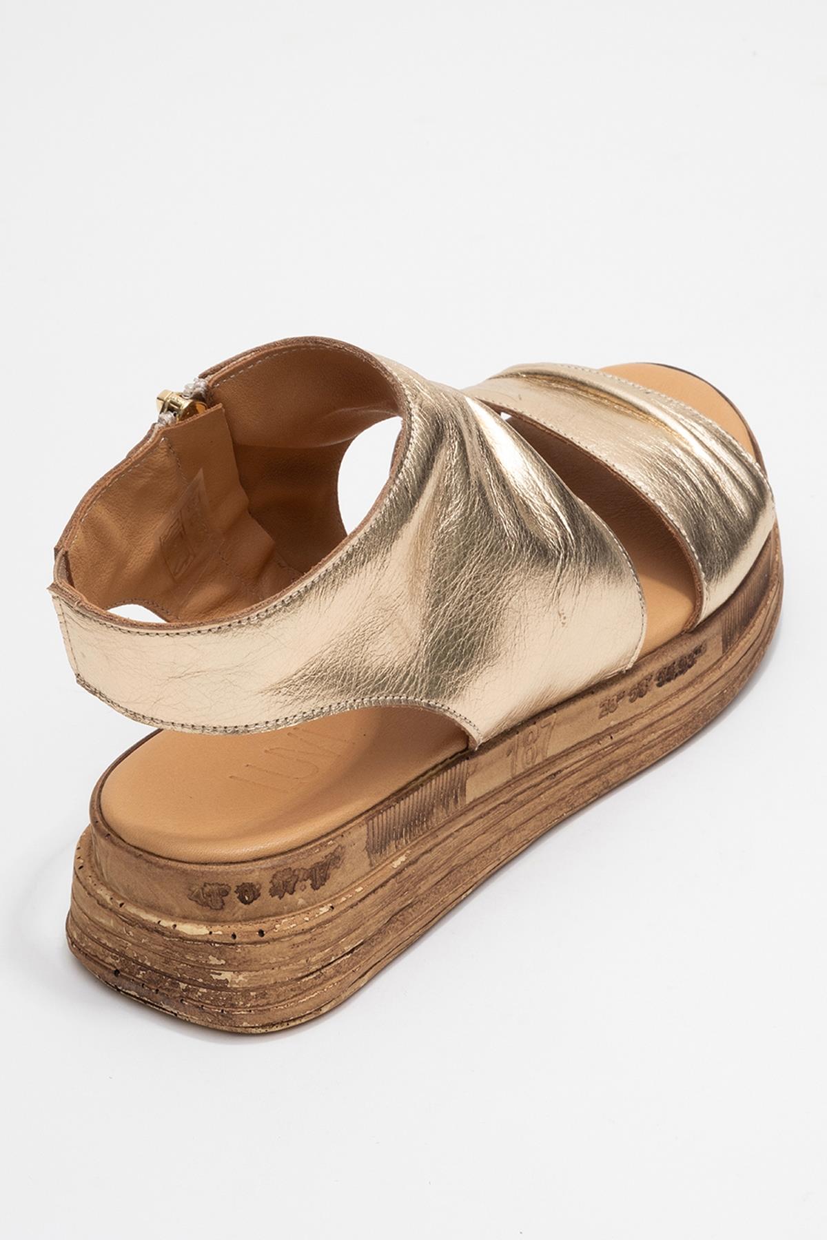 Lunas Gold Leather Side‑Zip Flat Heel Sandal – back view showing leather, gold, red, SimmiUnique
