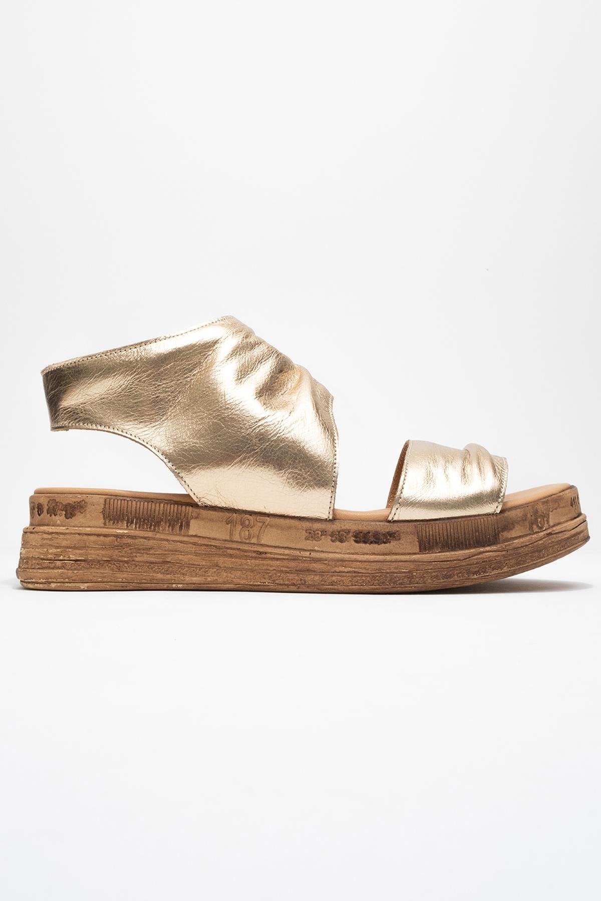 Lunas Gold Leather Side‑Zip Flat Heel Sandal – top view showing leather, gold, red, SimmiUnique