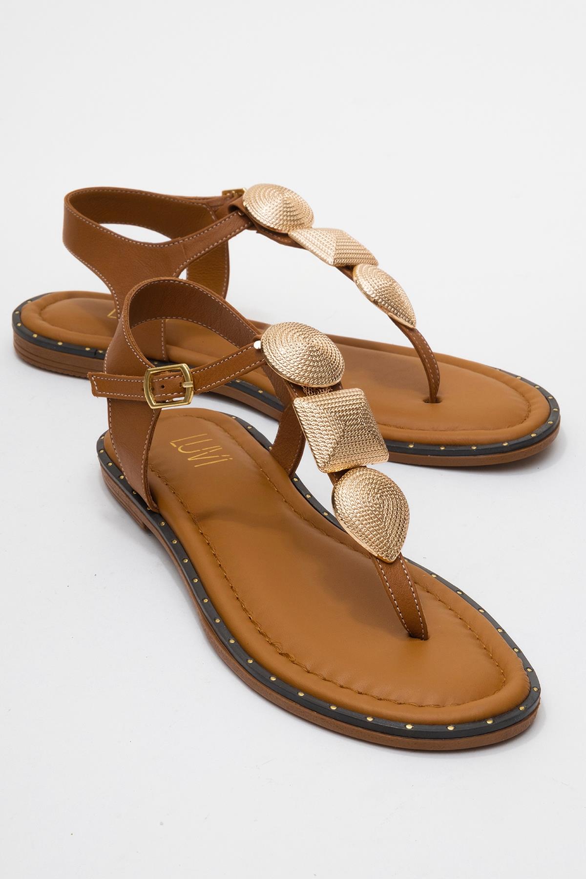 Giulia - Cognac Brown Leather Flat Sandal – front three-quarter view showing leather, gold, SimmiUnique