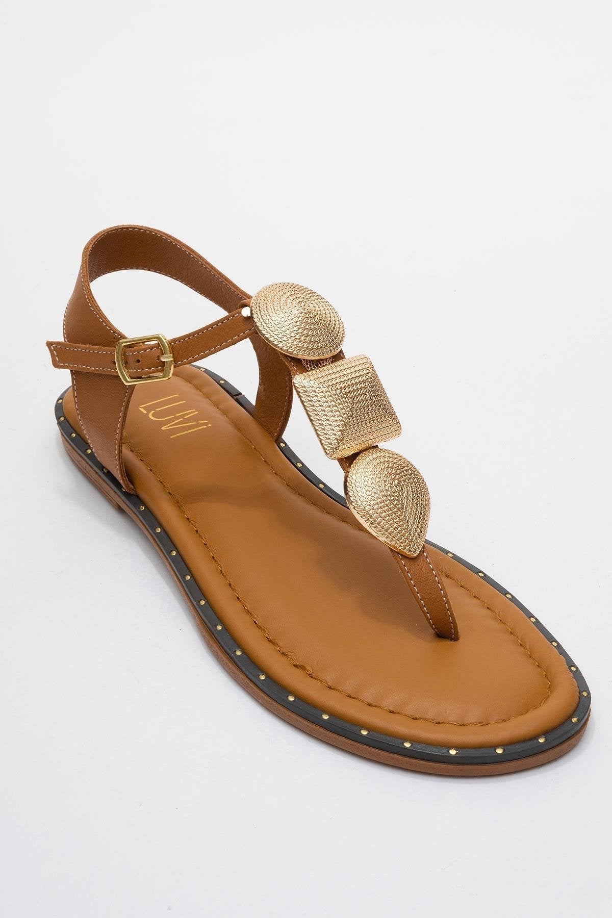 Giulia - Cognac Brown Leather Flat Sandal – detail view showing leather, gold, SimmiUnique