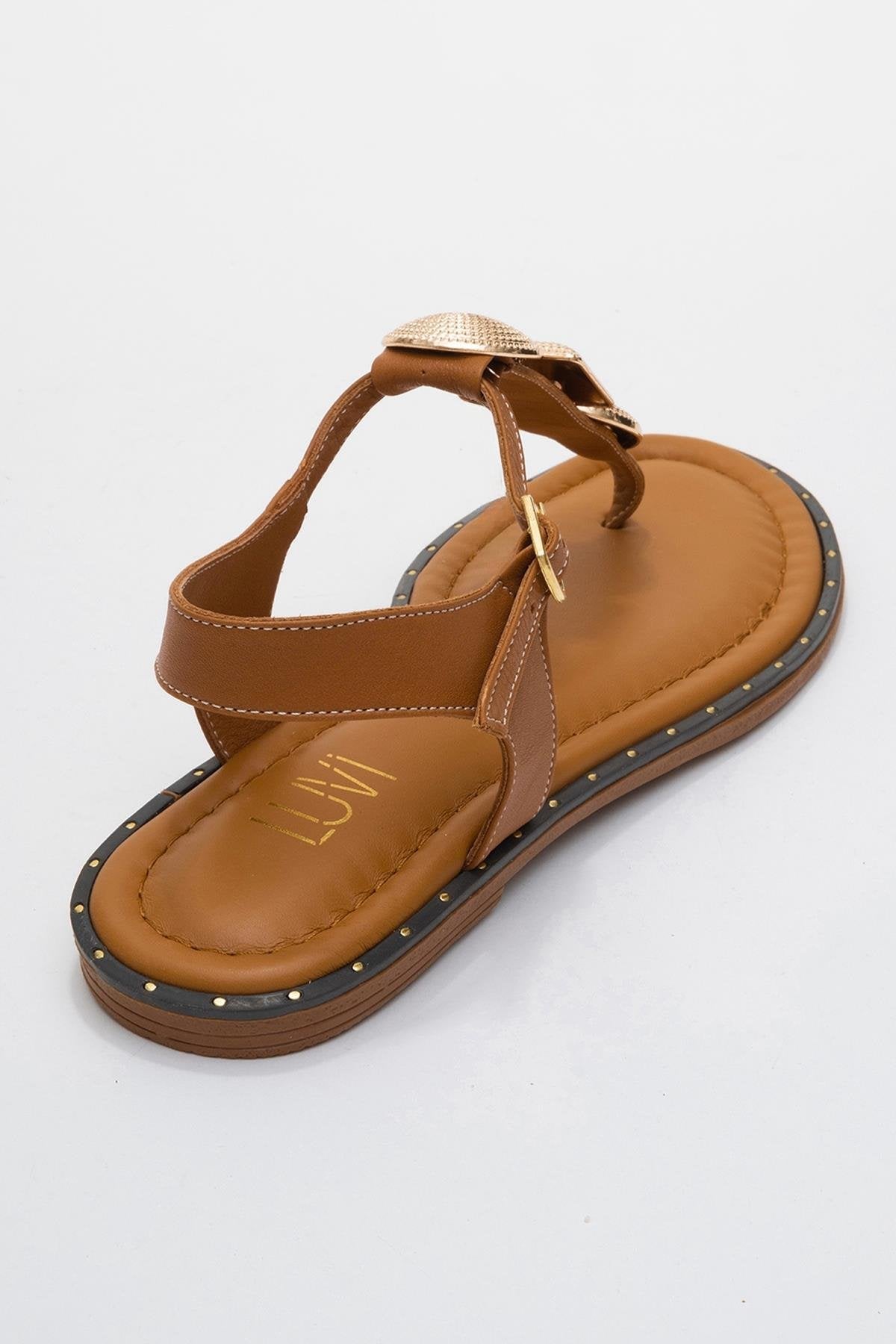 Giulia - Cognac Brown Leather Flat Sandal – back view showing leather, gold, SimmiUnique