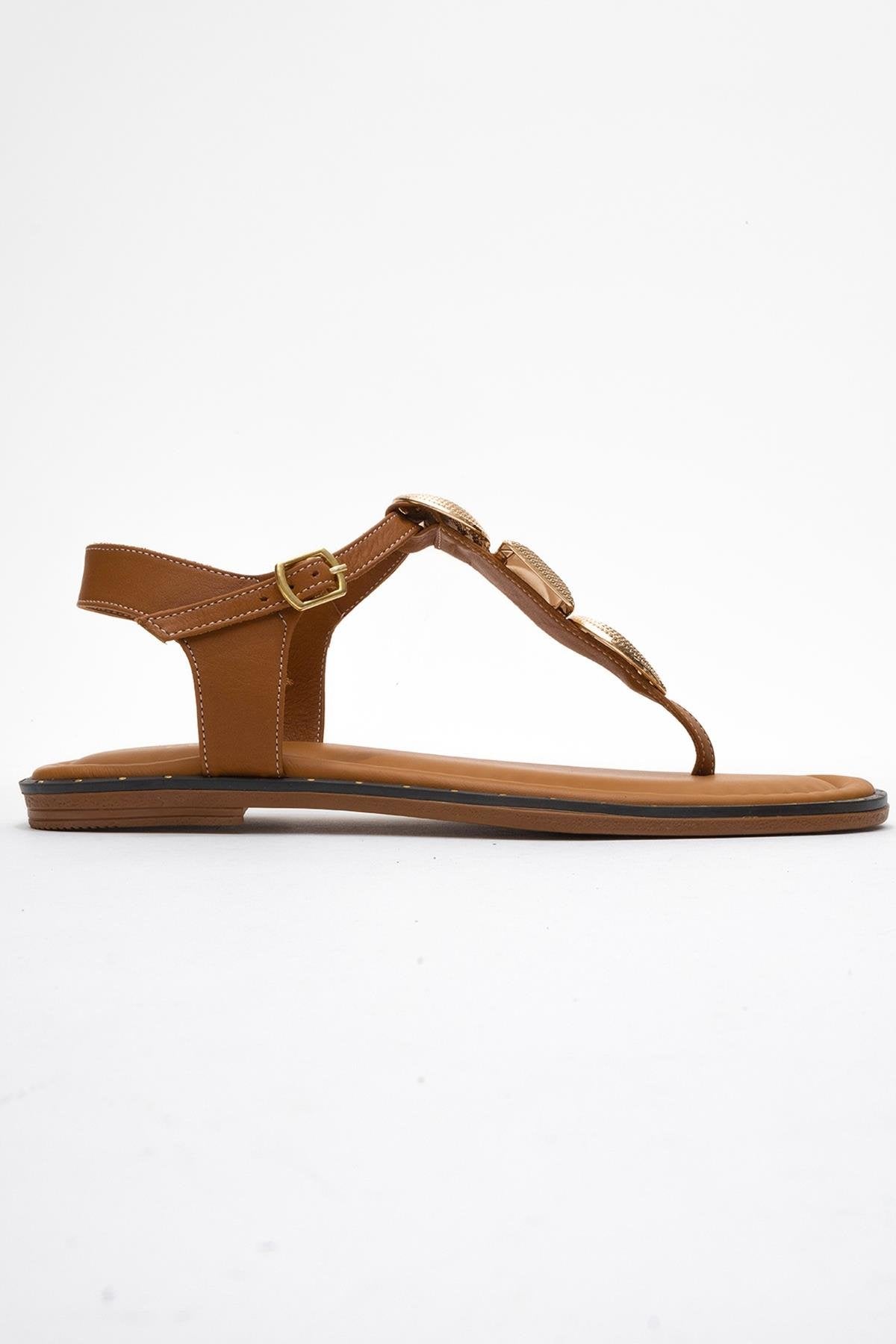 Giulia - Cognac Brown Leather Flat Sandal – top view showing leather, gold, SimmiUnique