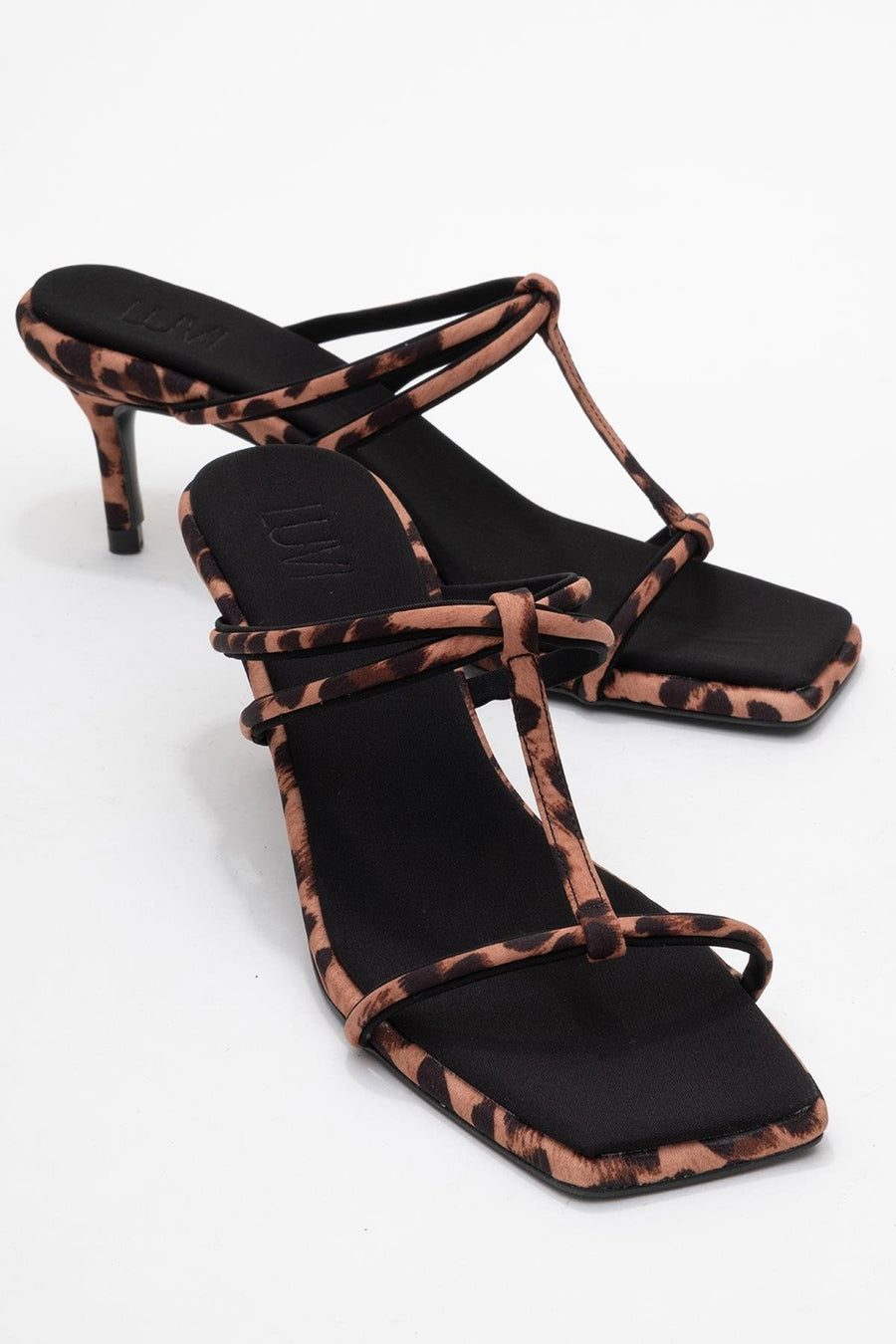 Mocha - Black/Yellow Printed Square-Toe Thin-Strap Heeled Mule