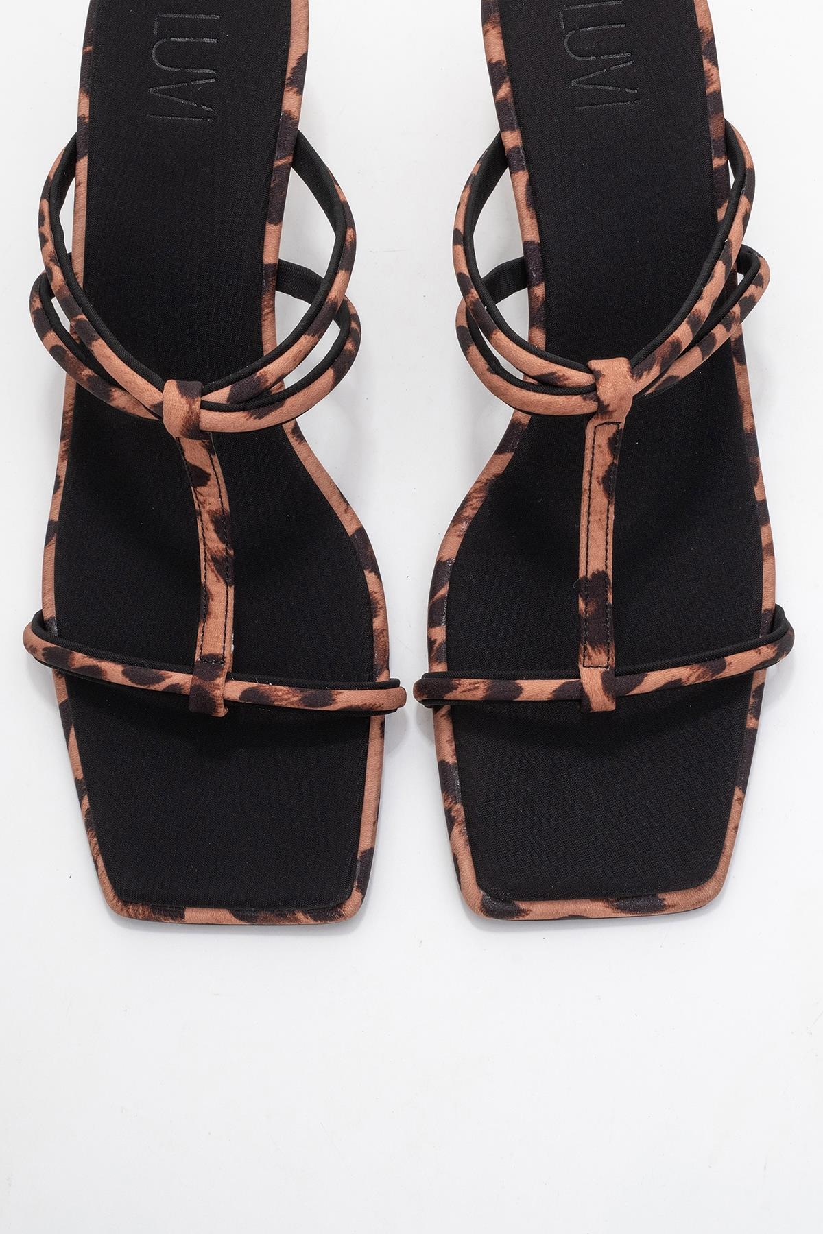 Mocha - Black/Yellow Printed Square-Toe Thin-Strap Heeled Mule – side view showing black, SimmiUnique