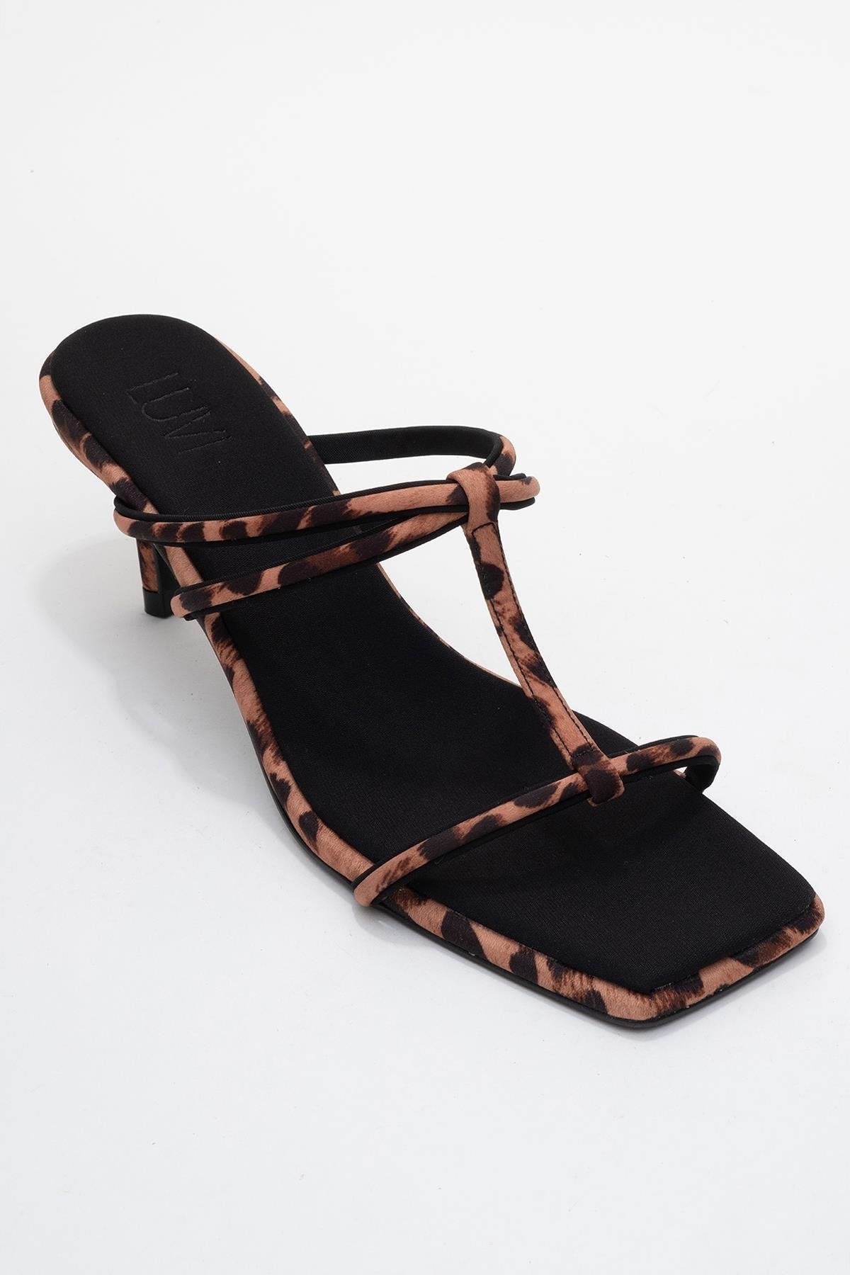 Mocha - Black/Yellow Printed Square-Toe Thin-Strap Heeled Mule – detail view showing black, SimmiUnique