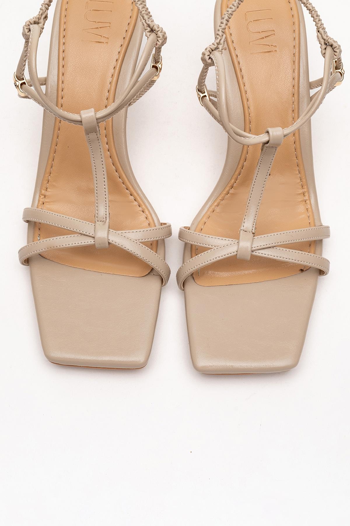 Gibson - Beige Square-Toe Heeled Sandal – side view showing leather, SimmiUnique