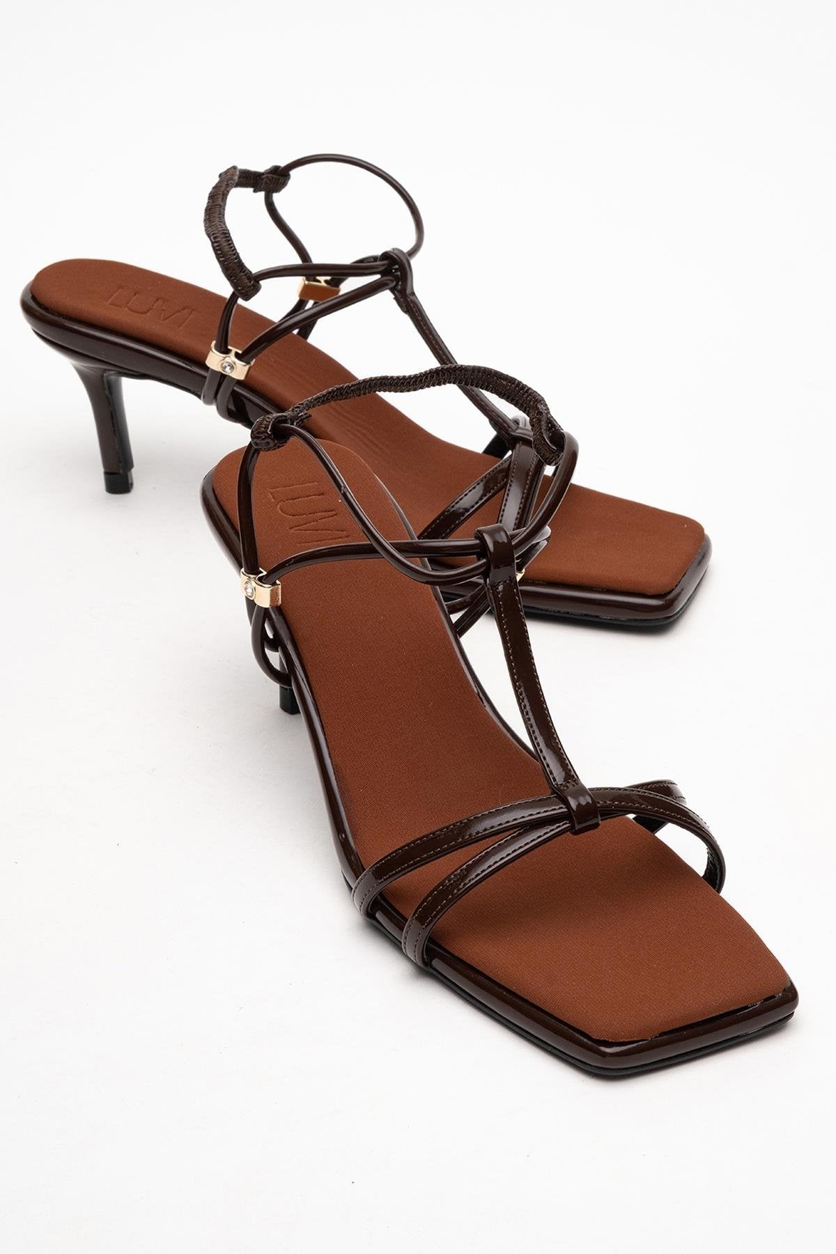 Gibson - Brown Patent Square-Toe Heeled Sandal – front three-quarter view showing leather, SimmiUnique