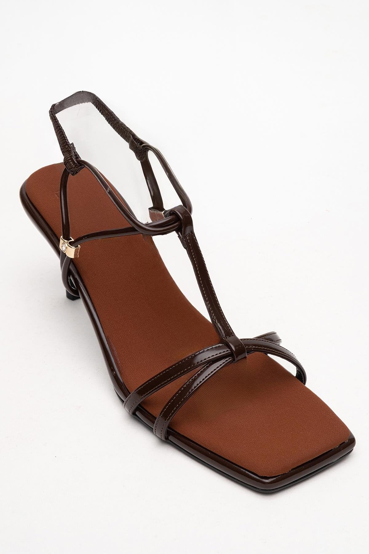 Gibson - Brown Patent Square-Toe Heeled Sandal – detail view showing leather, SimmiUnique