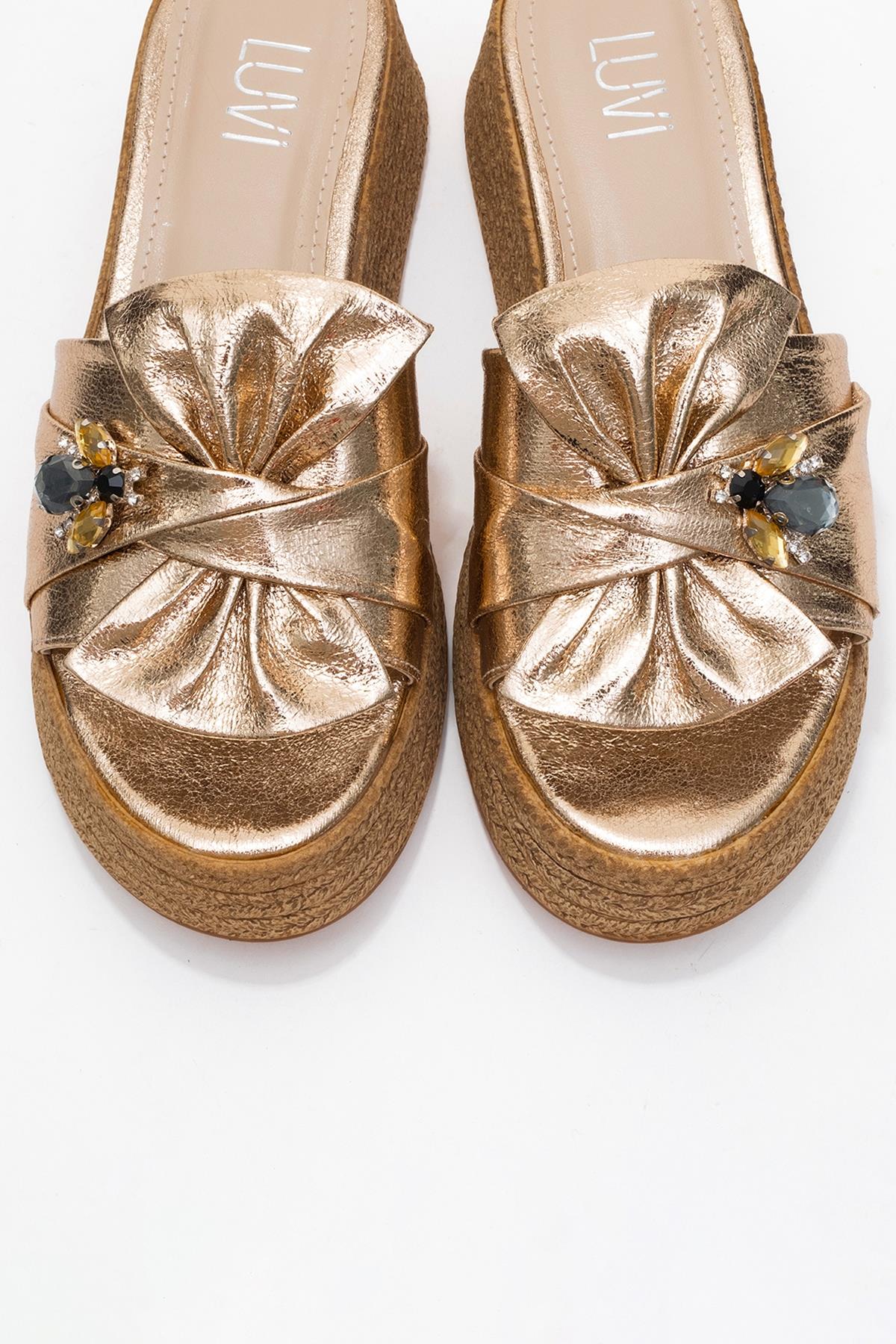 Shara Gold Bow & Bee Buckle Platform Sandal – side view showing bow, leather, gold, SimmiUnique