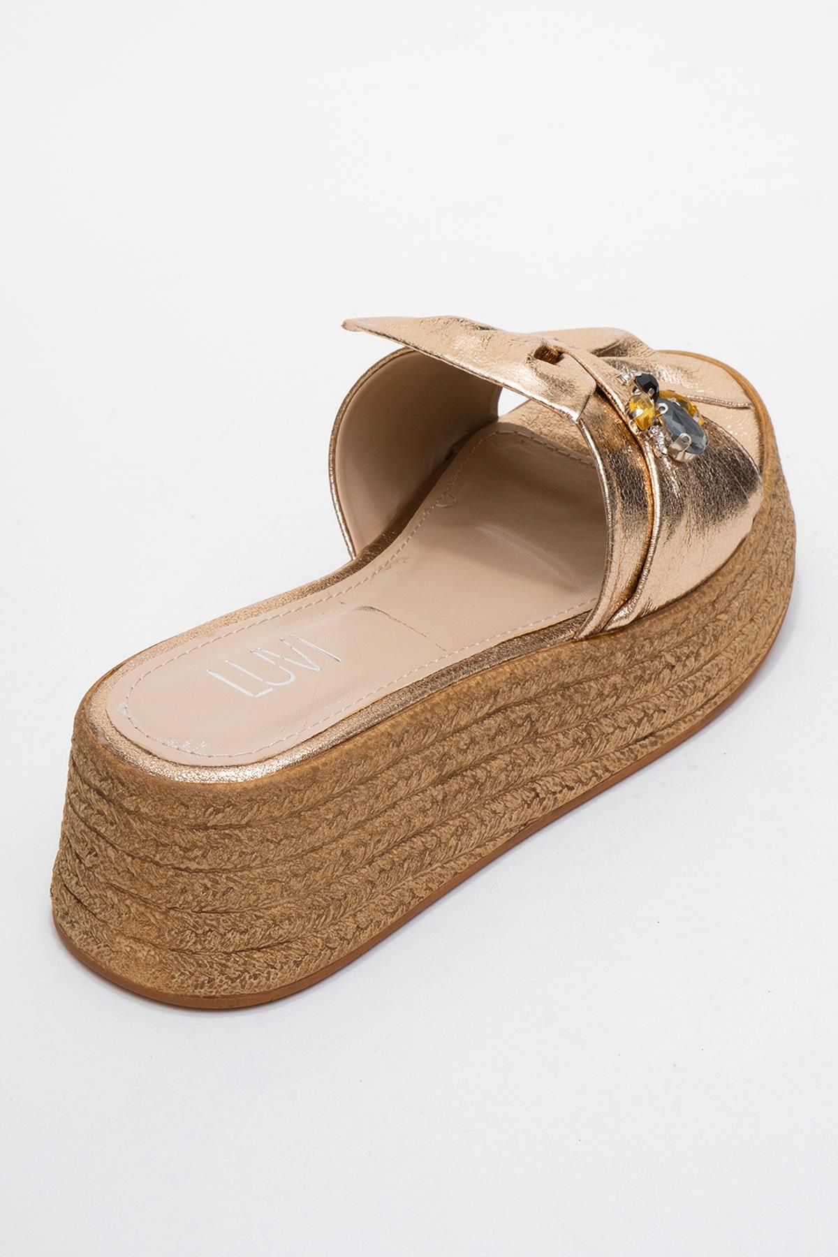 Shara Gold Bow & Bee Buckle Platform Sandal – back view showing bow, leather, gold, SimmiUnique