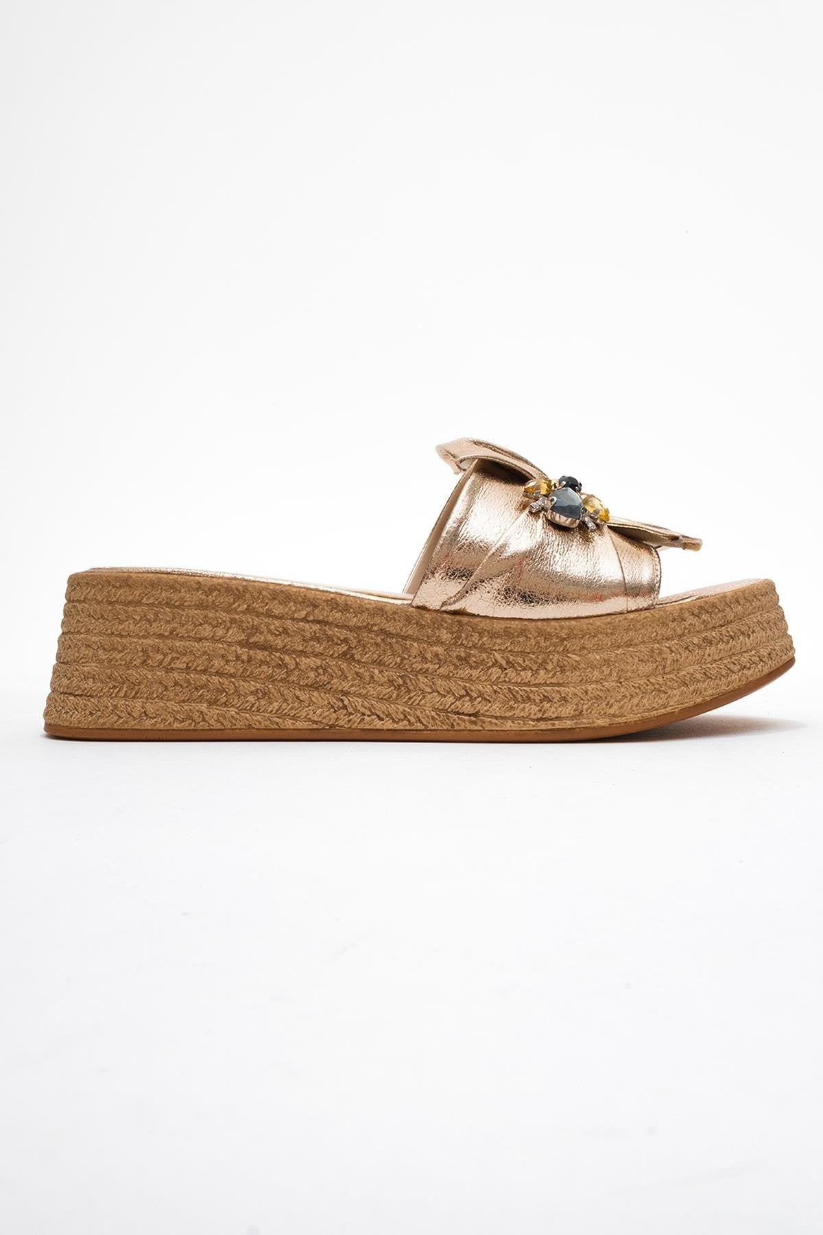 Shara Gold Bow & Bee Buckle Platform Sandal – top view showing bow, leather, gold, SimmiUnique