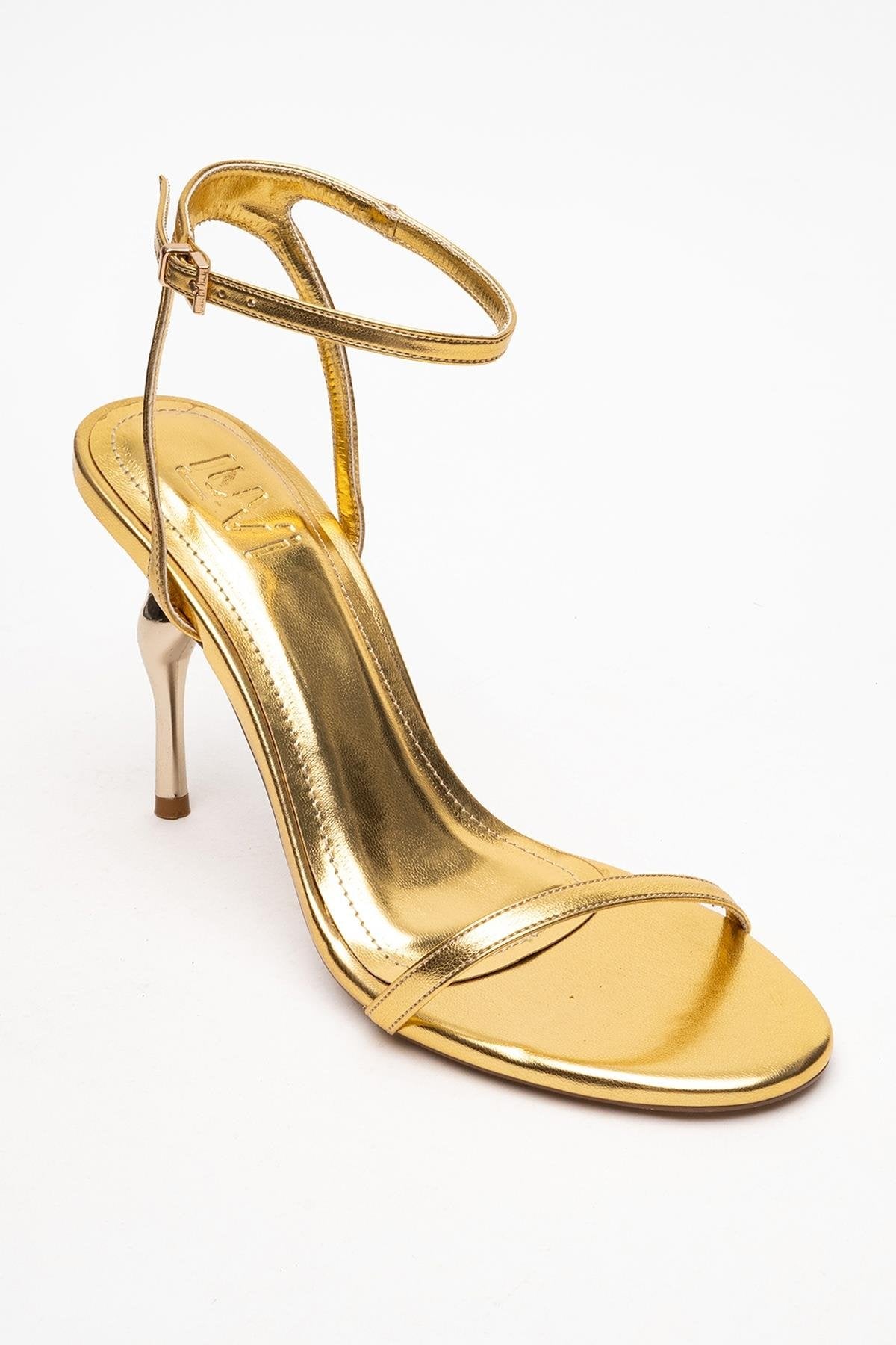 Jasmin - Gold Single-Strap High Heel – back view showing leather, gold, SimmiUnique
